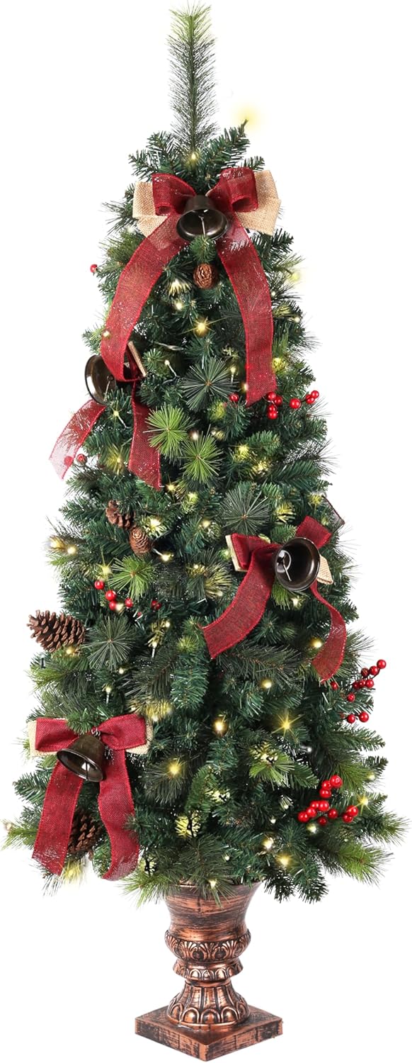 Pre-lit artificial Christmas tree 5ft decorated with red bows, pine cones, and lights
