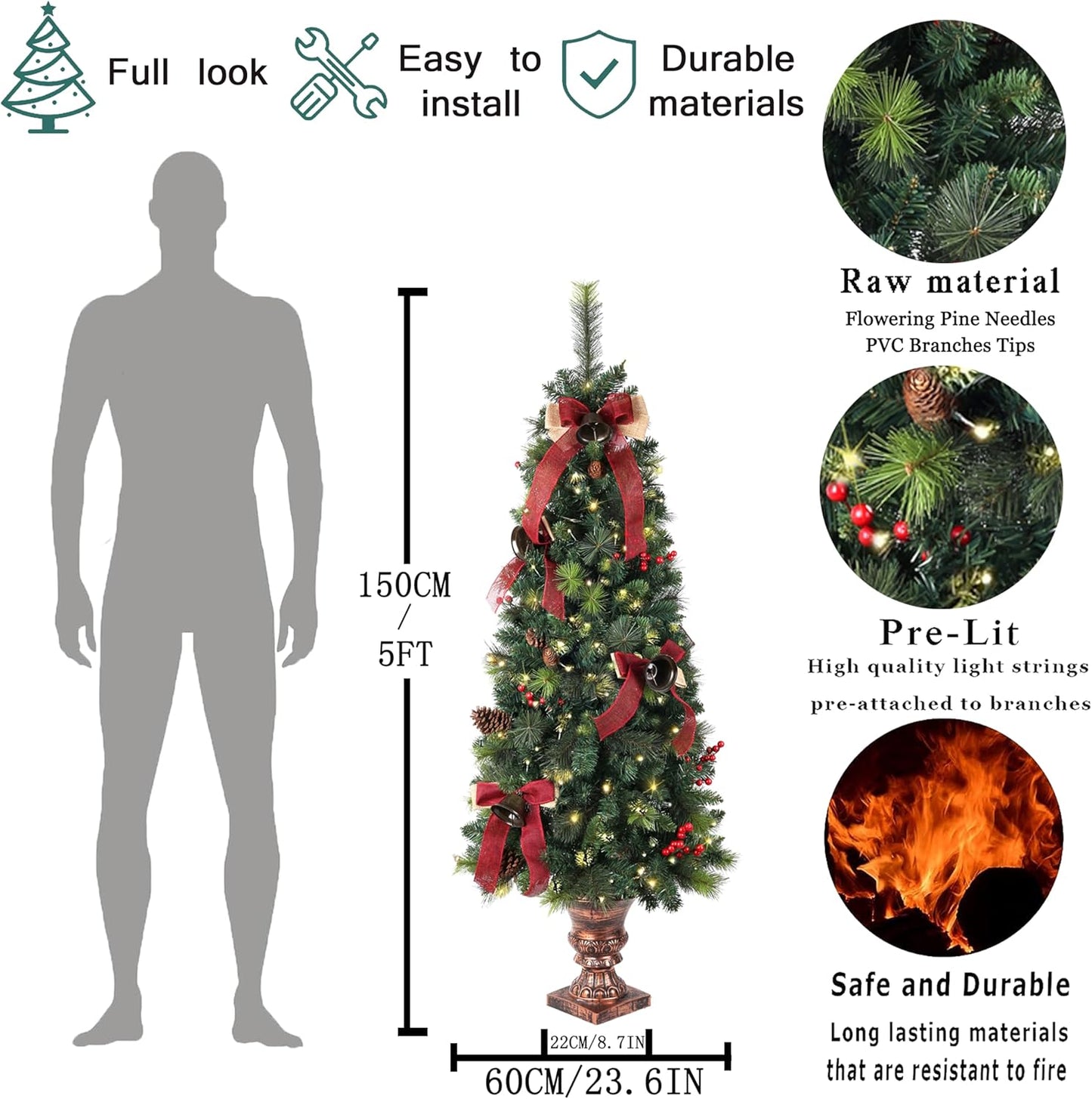 A-SZCXTOP pre-lit artificial Christmas tree 5ft decorated with bows and ornaments for festive decor