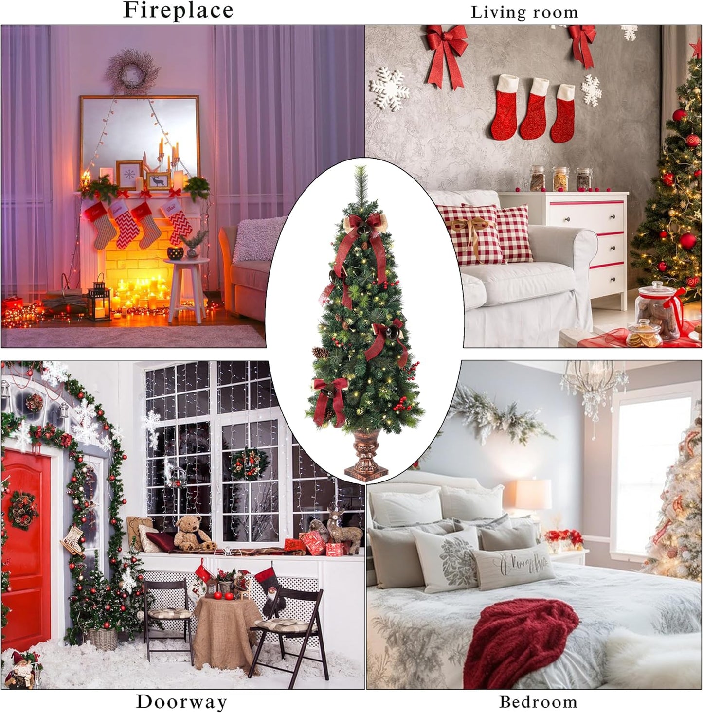 Pre-lit artificial Christmas tree 5ft, elegantly decorated for festive home interiors with various holiday settings