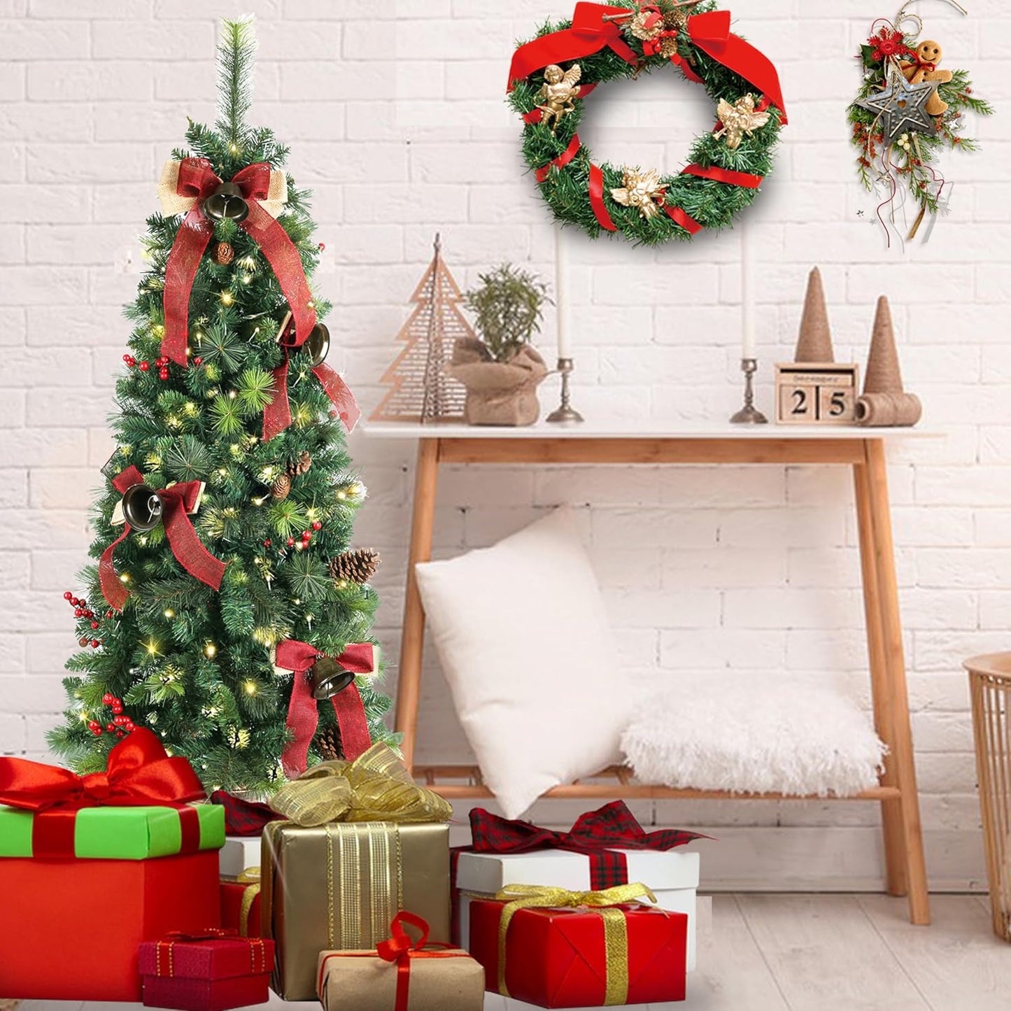 Pre-lit artificial Christmas tree 5ft decorated with ribbons and lights in a festive home setting