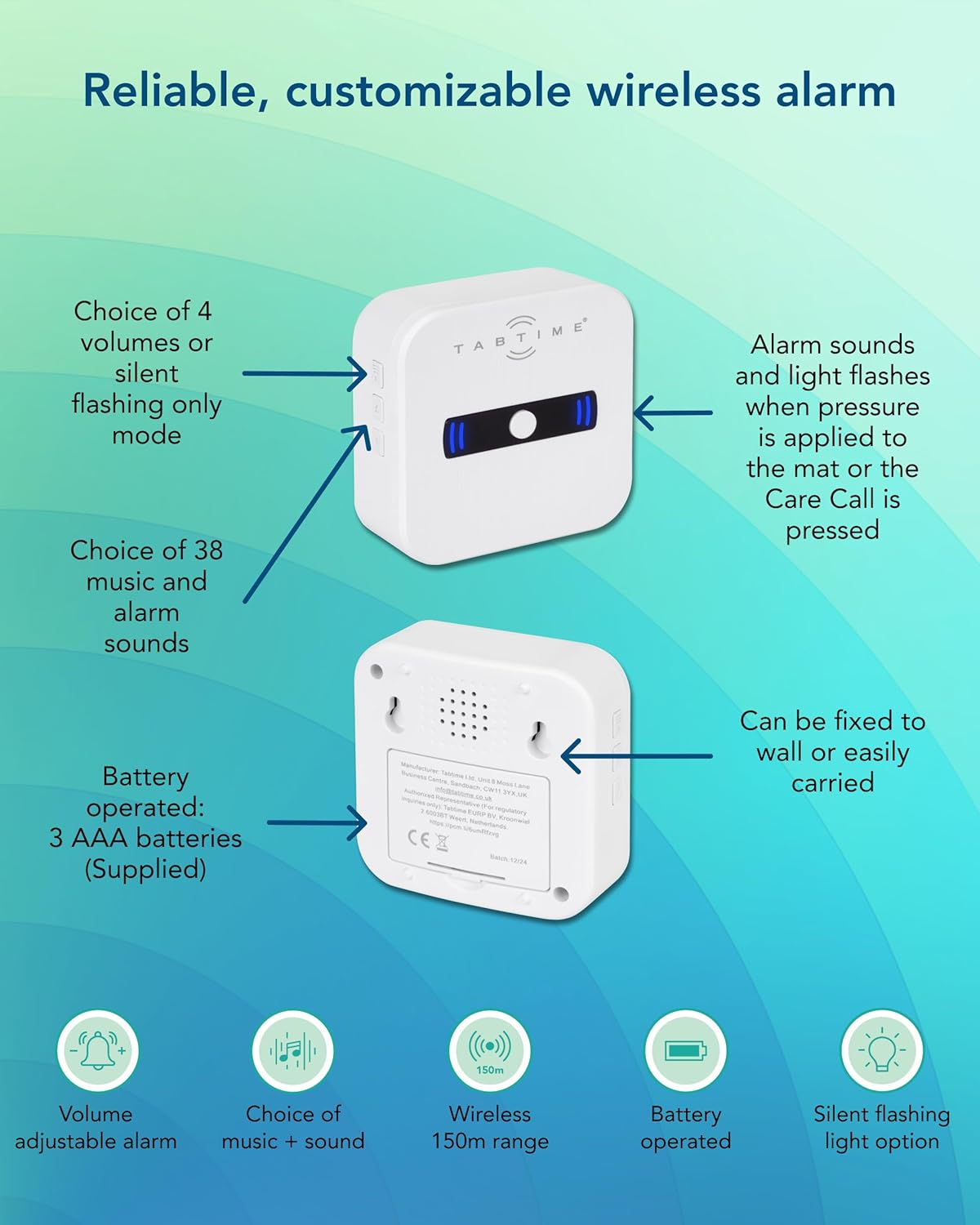 TabTime pressure mat alarm for elderly with volume controls and choice of sounds for safety monitoring