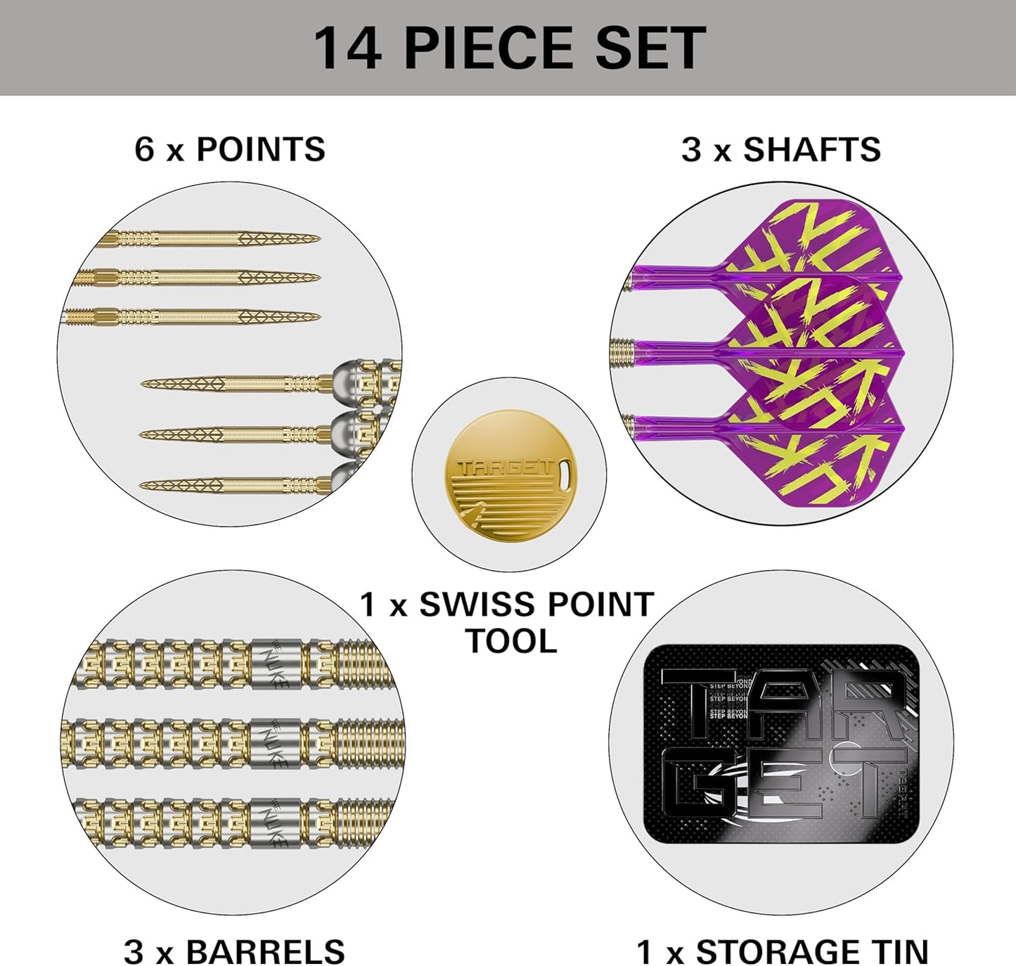 Target 14 Piece Set featuring Luke Littler Gen 1 darts with points, shafts, barrels, tool, and storage tin