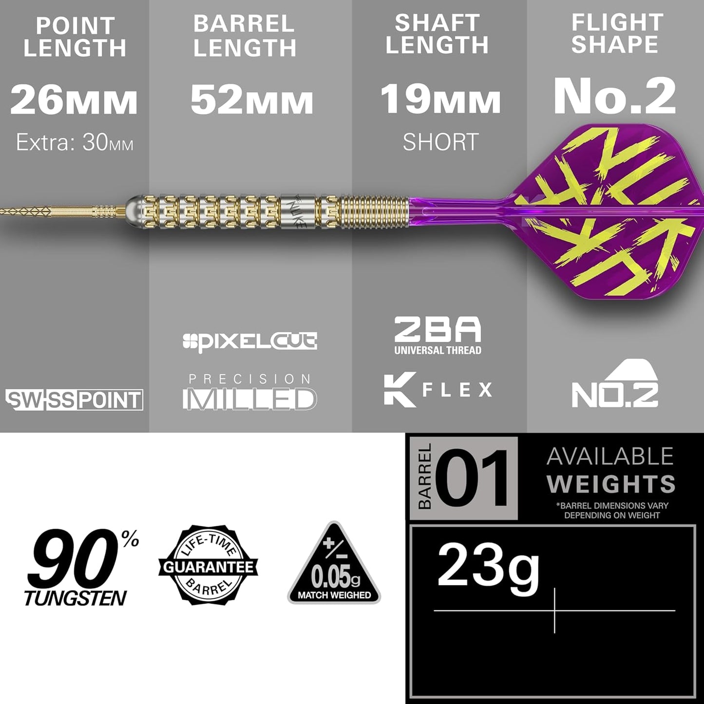 Luke Littler Gen 1 darts featuring 90% tungsten barrels with precision grip and short shafts