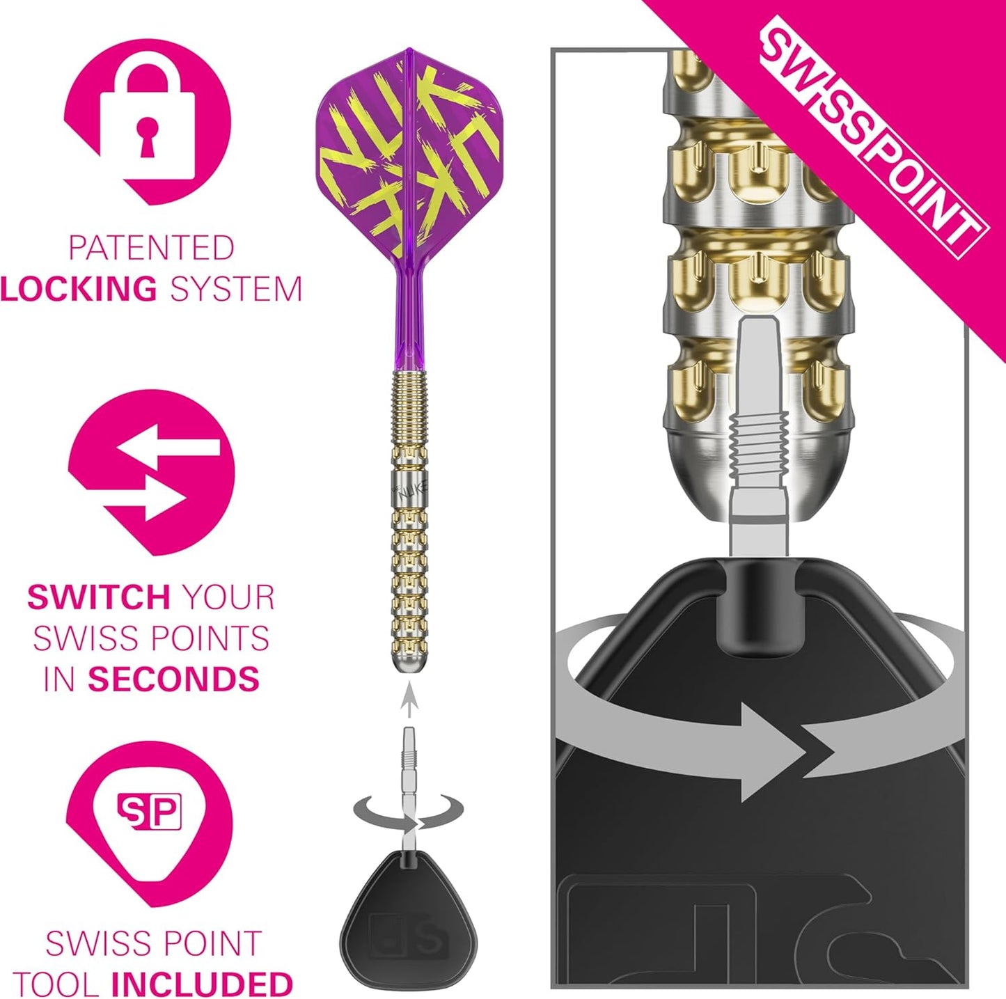 Luke Littler Gen 1 darts with patented locking system and Swiss point tool for easy point changes