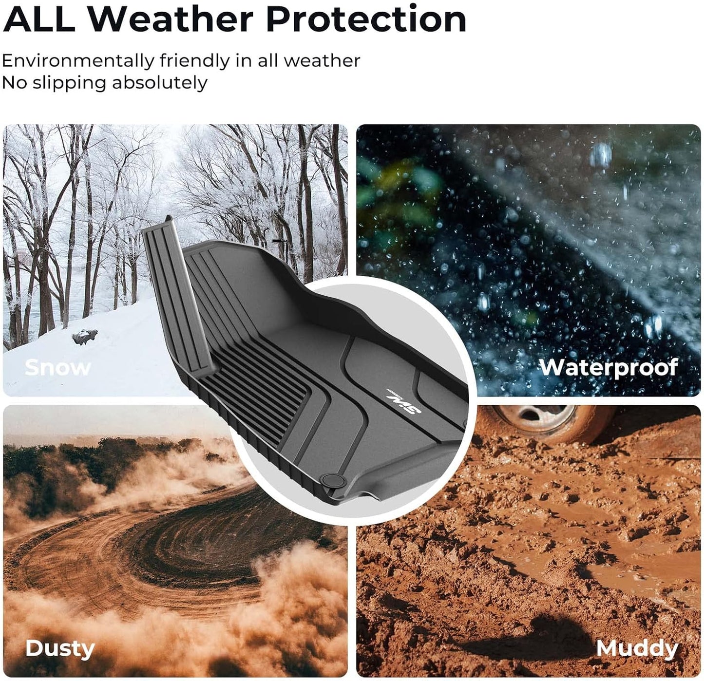 3W Tesla Model Y floor mats offering all weather protection against mud, dust, and snow
