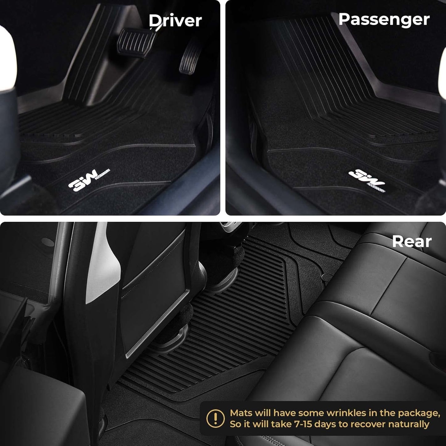 3W Tesla Model Y floor mats for driver, passenger, and rear with textured surface for optimal protection