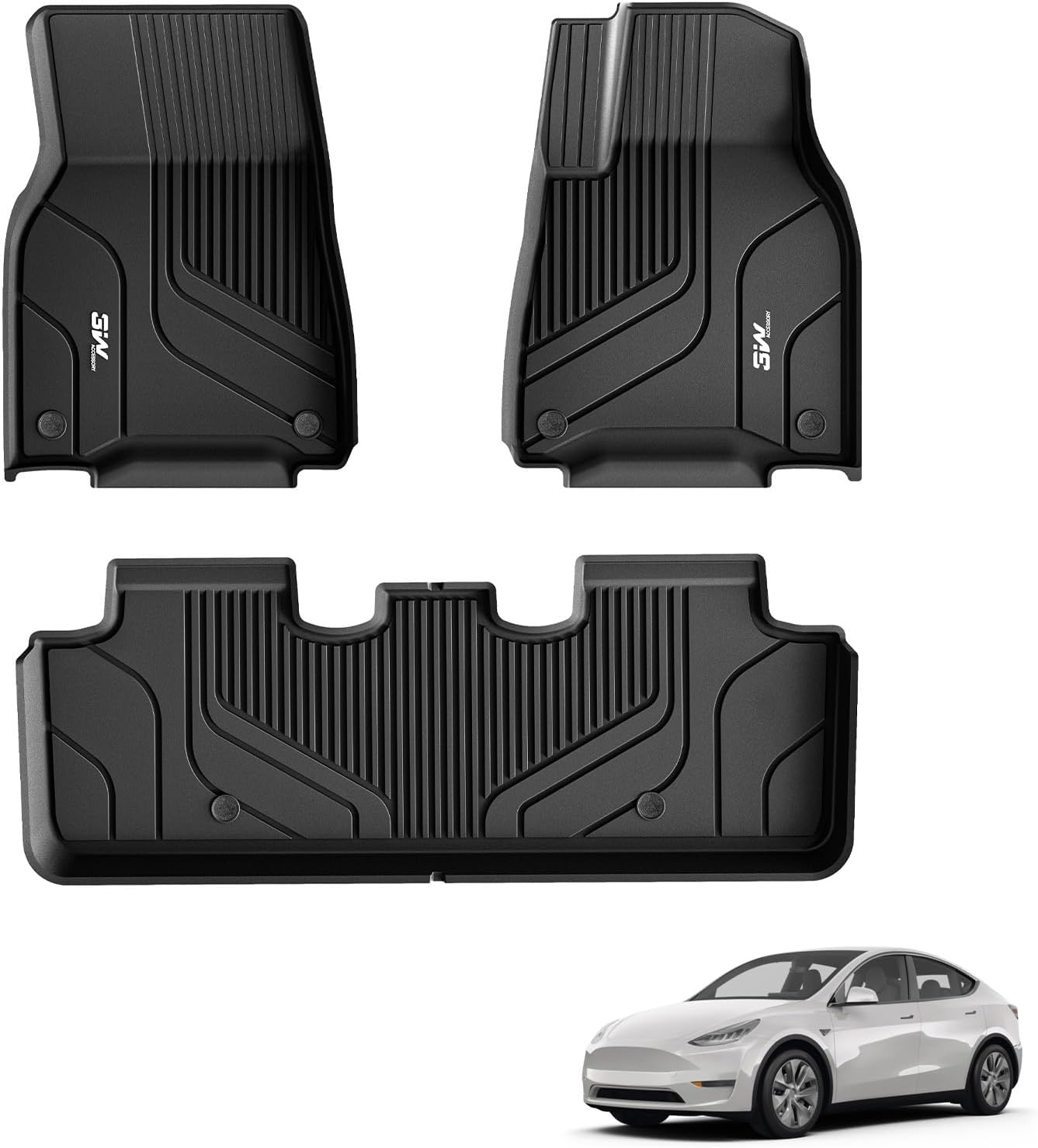 3W Tesla Model Y floor mats in black rubber for all-weather protection and easy cleaning