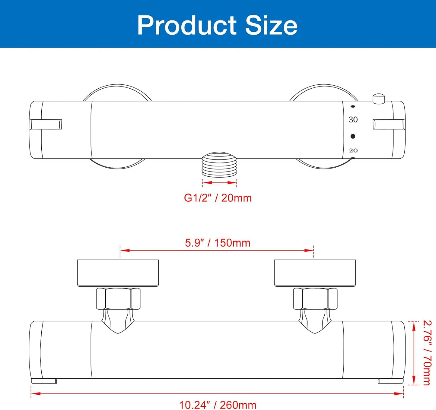 Rainysprit thermostatic shower mixer valve with detailed product dimensions for easy installation