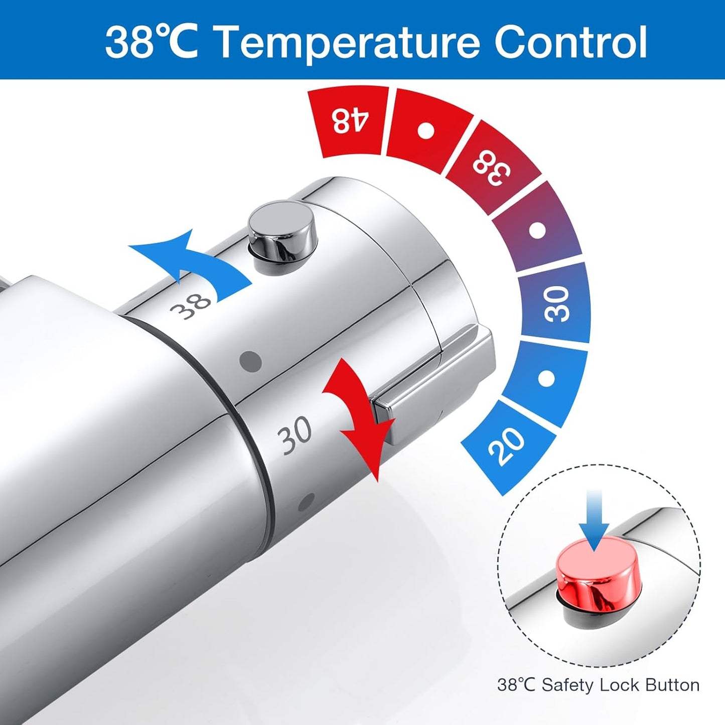 Rainysprit thermostatic shower mixer valve with 38°C temperature control dial for safe temperature adjustments