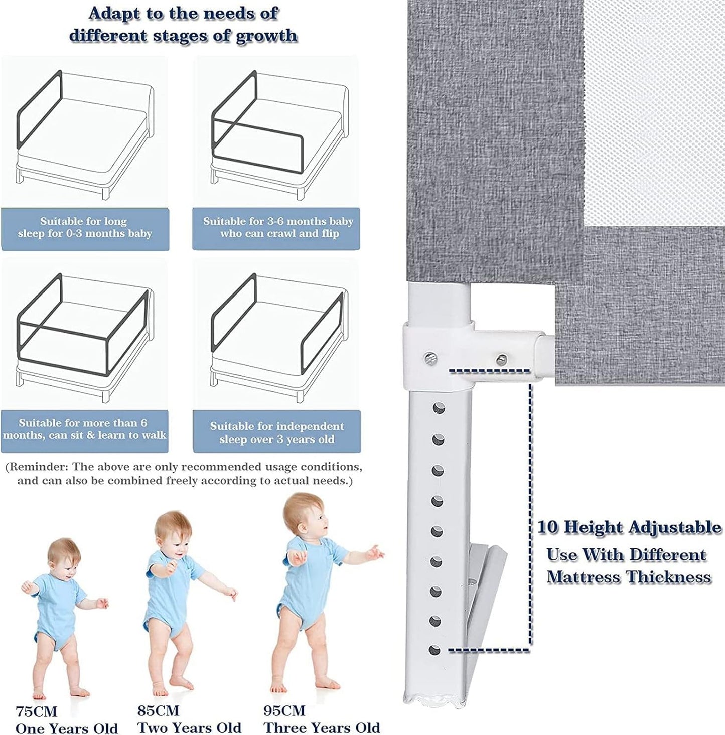 YIFOV toddler bed guard for single bed with adjustable height for safety and growth stages