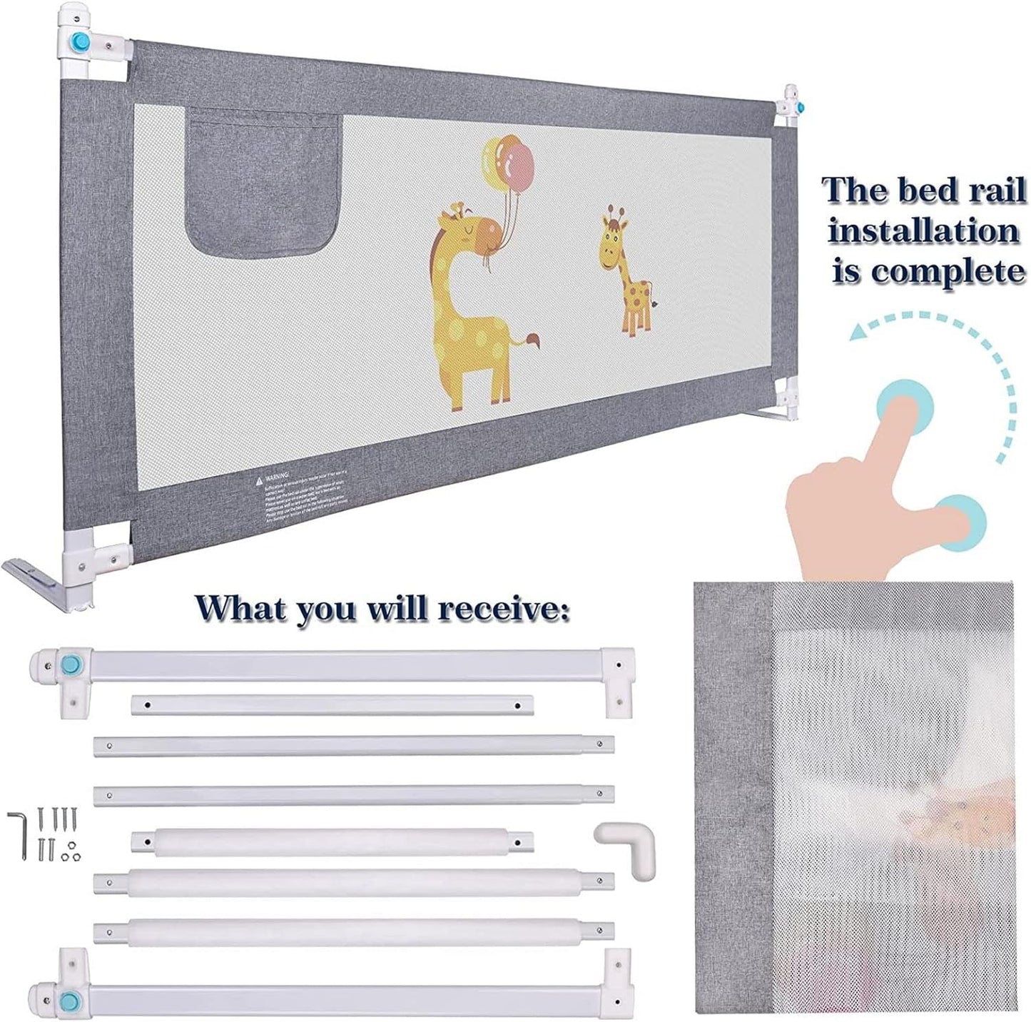 YIFOV toddler bed guard for single bed in grey with playful giraffe design for child safety