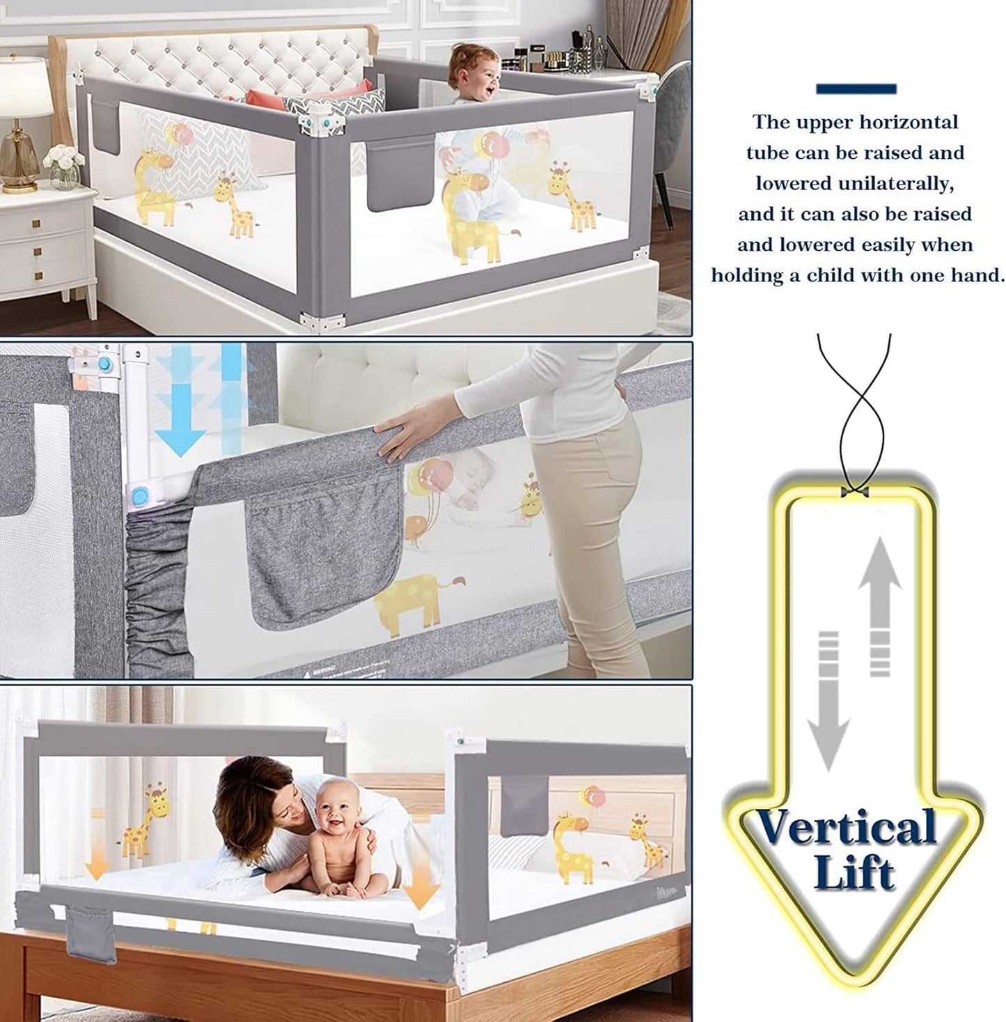 YIFOV toddler bed guard for single bed with adjustable height and clear mesh panels for safety