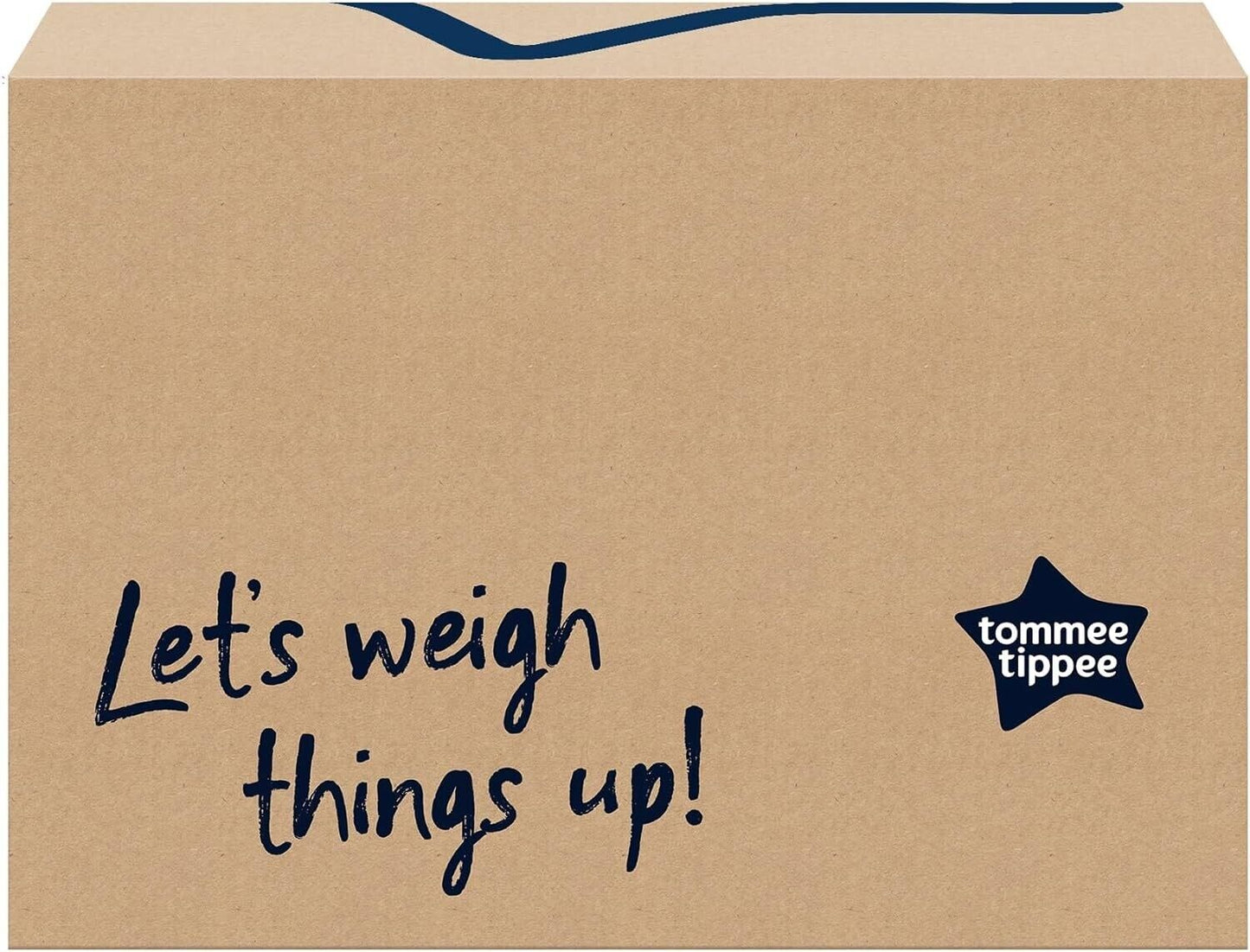 Tommee Tippee digital baby scales packaging with a playful message for weighing babies