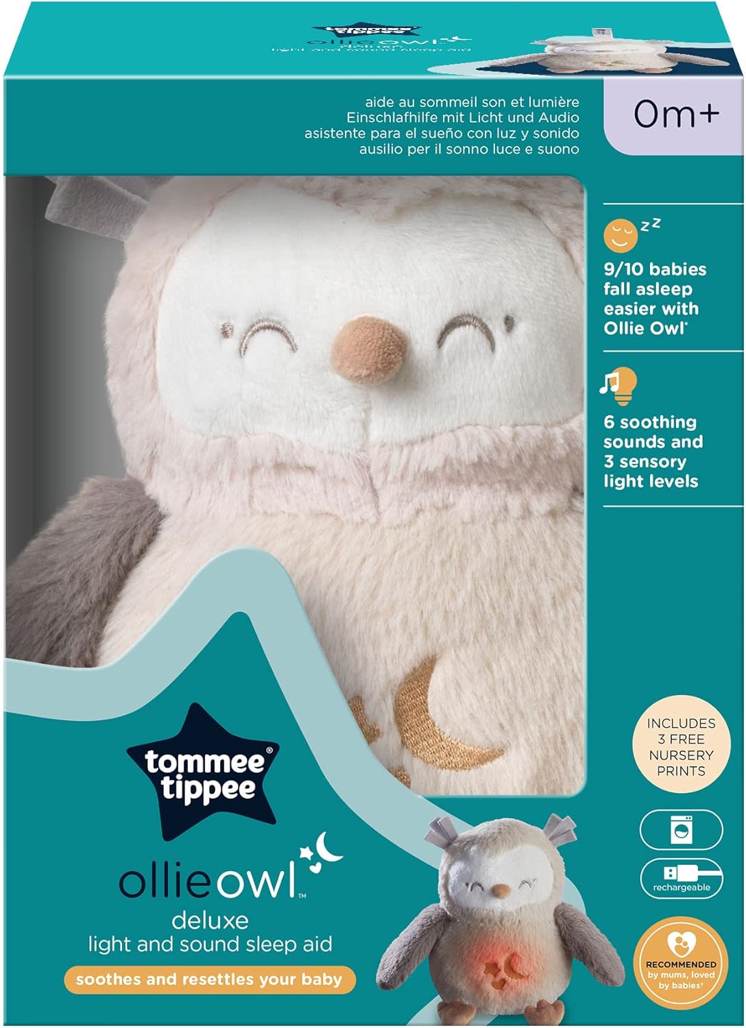 Tommee Tippee Ollie Owl sleep aid plush toy with soothing sounds and light features for babies