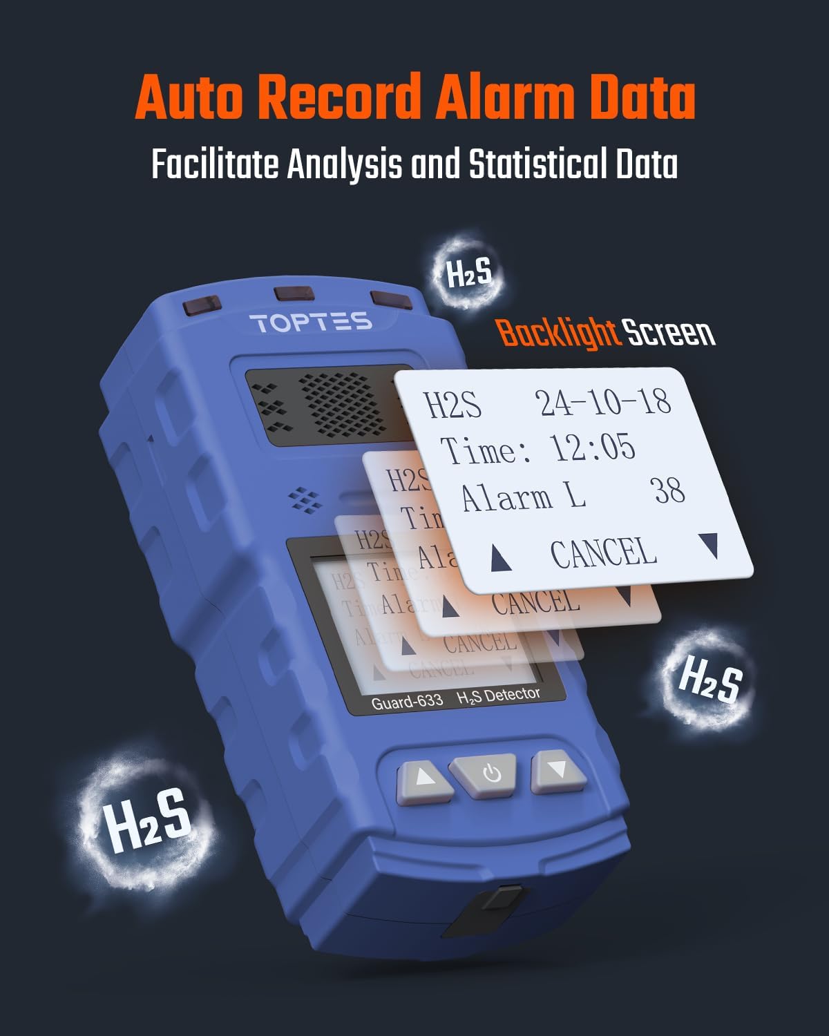 Toptes H2S detector with clip featuring a backlight screen and auto record alarm data functionality