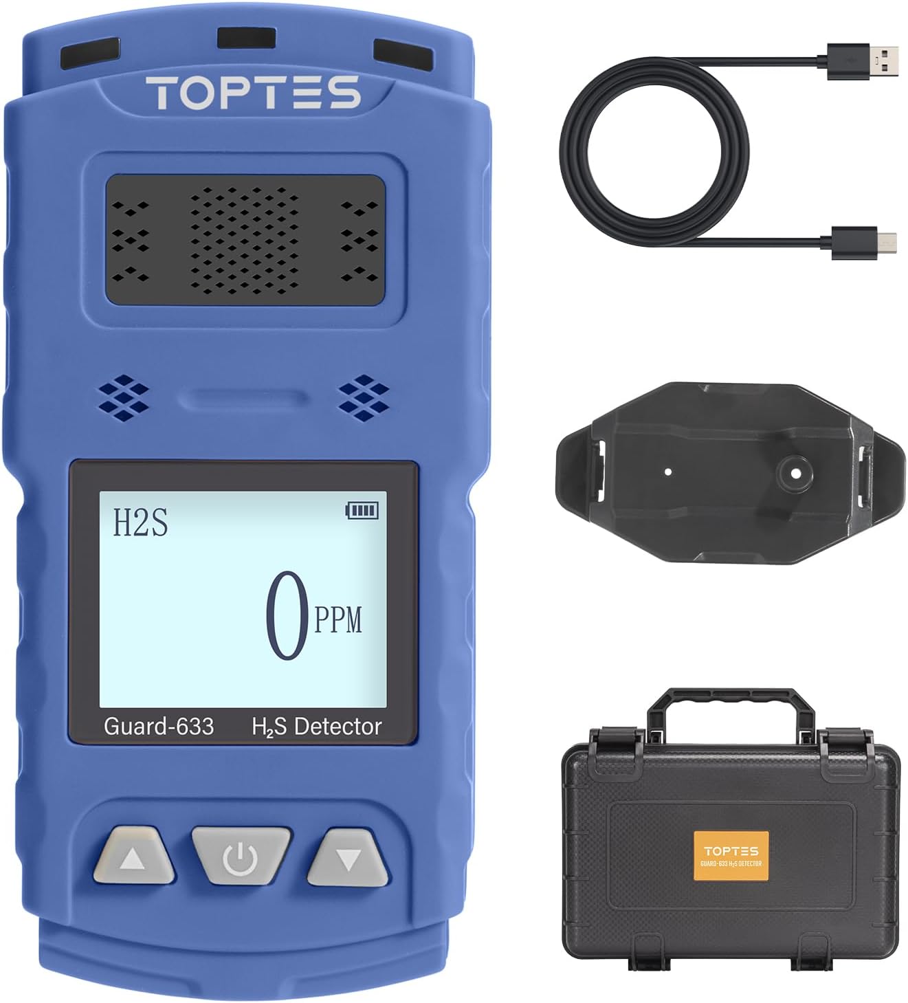 Toptes H2S detector with clip for accurate gas detection, includes USB cable and protective case