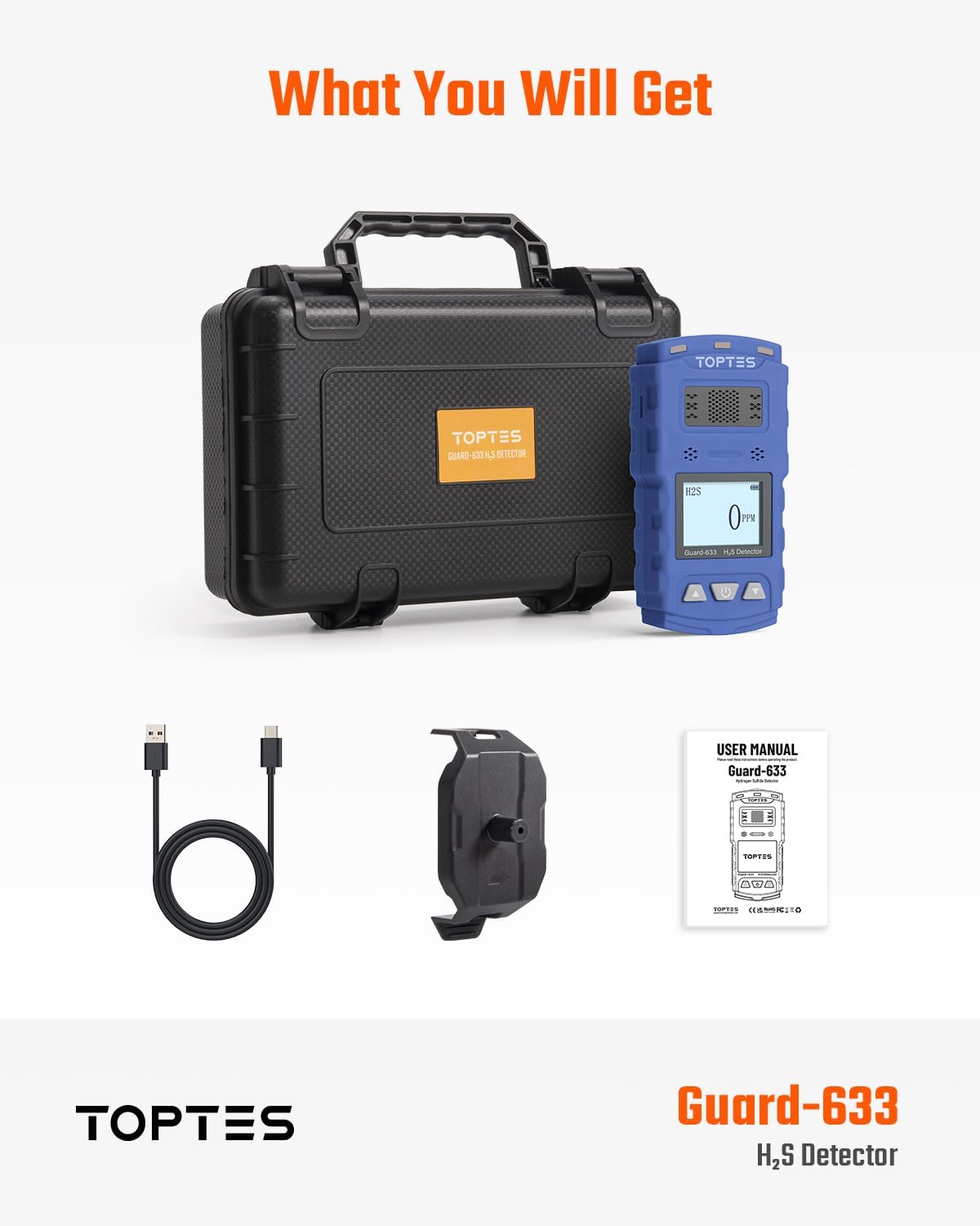 Toptes Guard-633 H2S detector with clip and accessories including USB cable and user manual