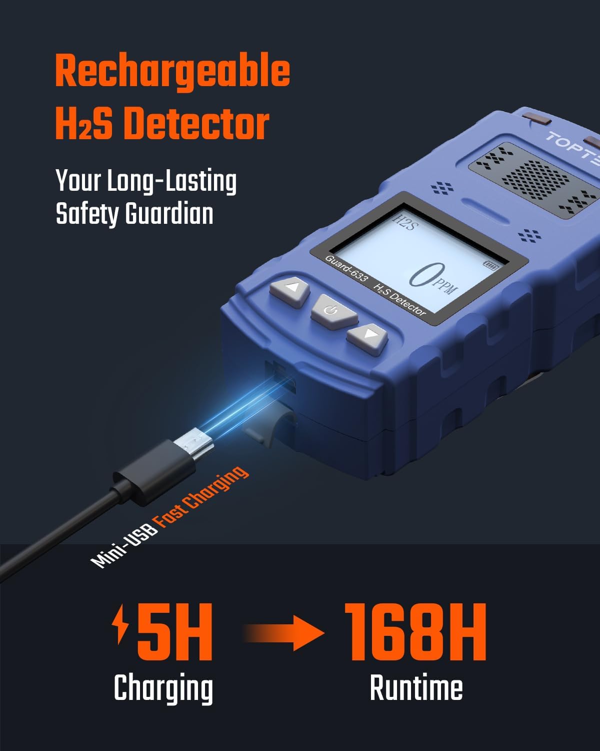 Toptes rechargeable H2S detector with clip for long-lasting safety and fast charging