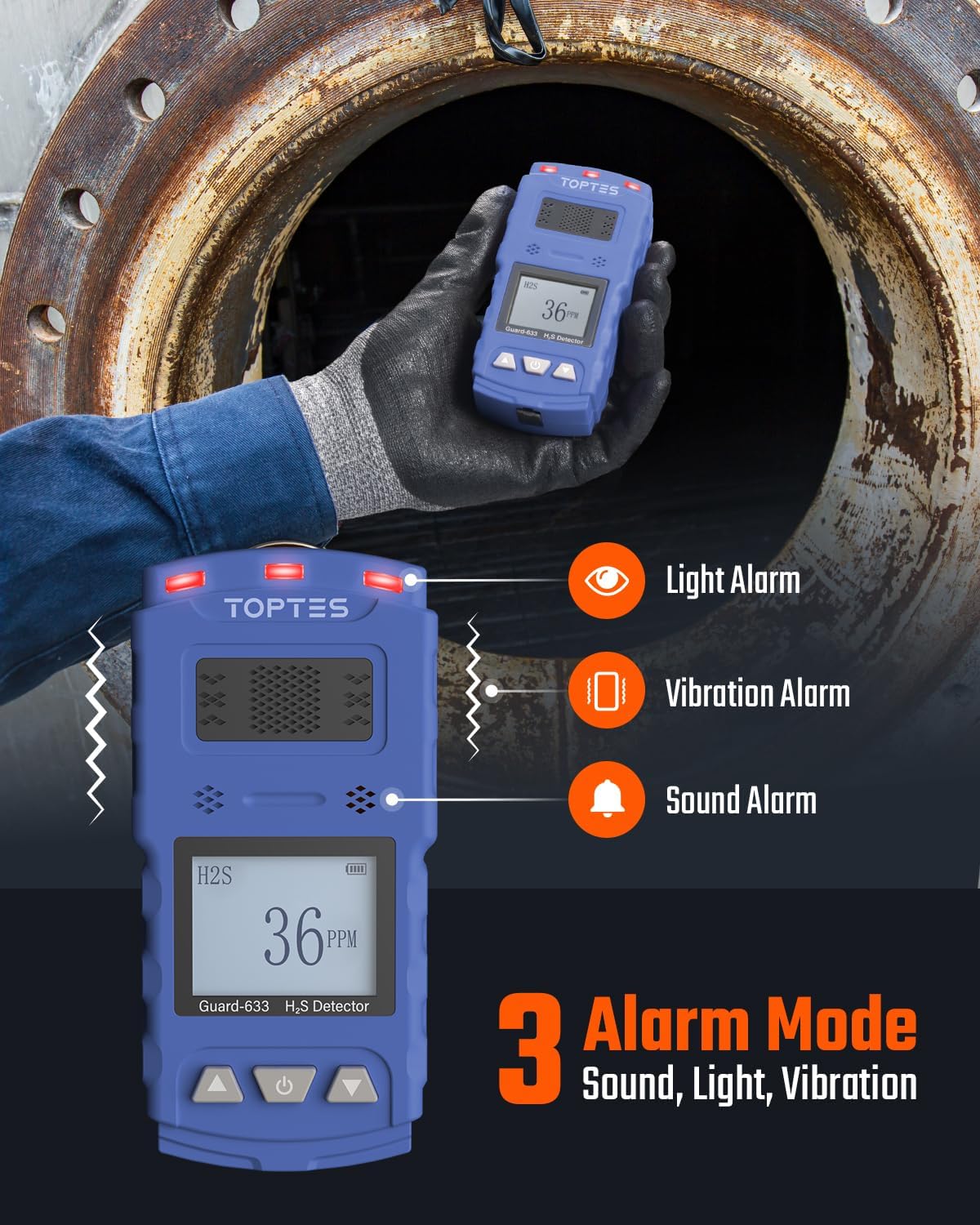 Toptes H2S detector with clip featuring sound, light, and vibration alarms for reliable safety monitoring