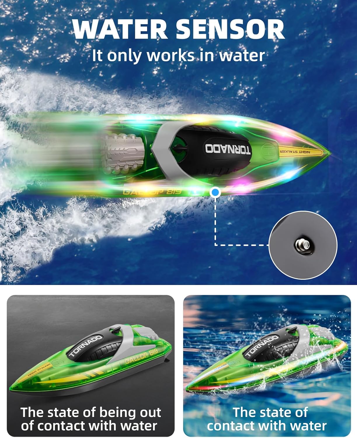 Gleamkid RC boat for kids featuring a water sensor for safe operation in water