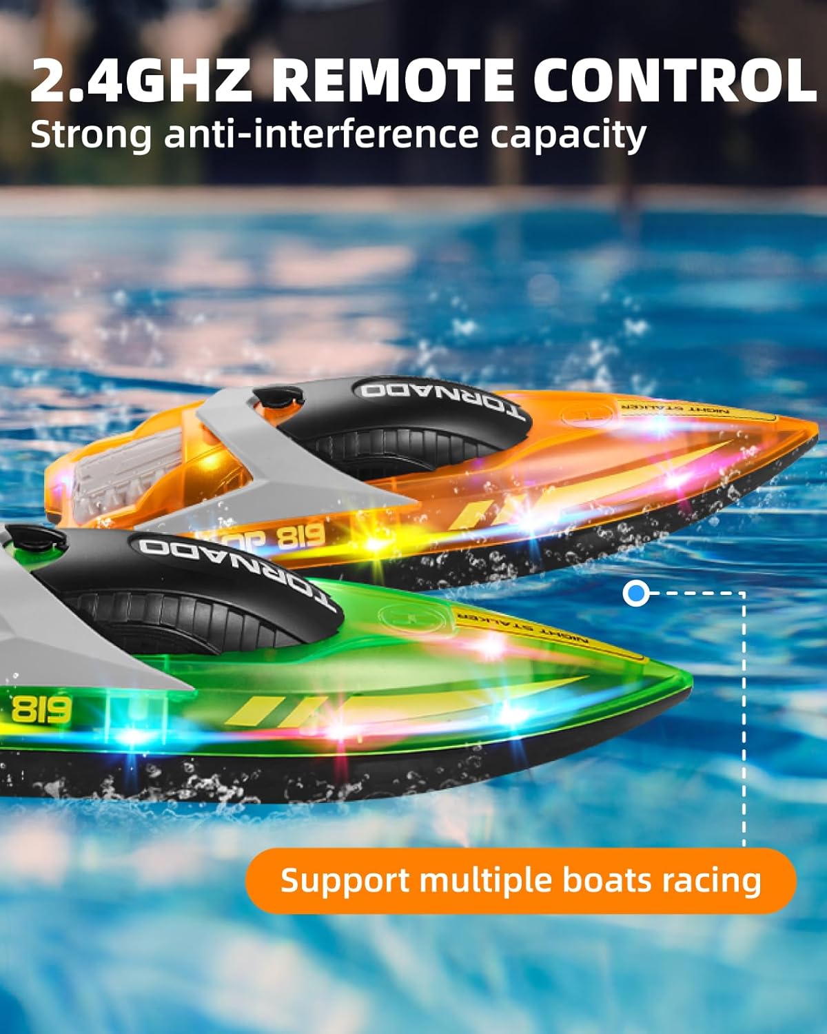Gleamkid RC boat for kids in vibrant colours, designed for thrilling water racing with multiple boats
