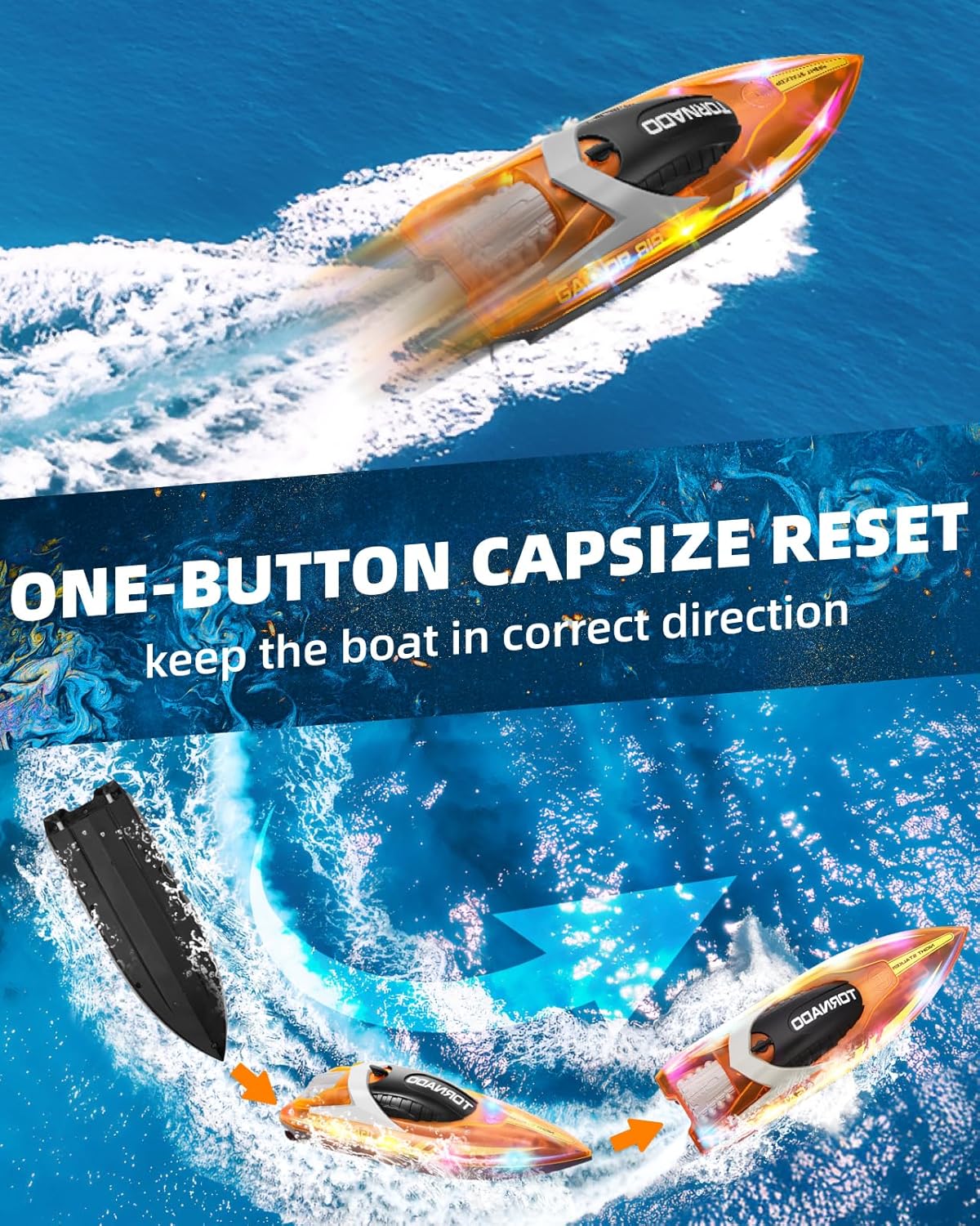 Gleamkid RC boat for kids with one-button capsize reset feature for easy navigation on water