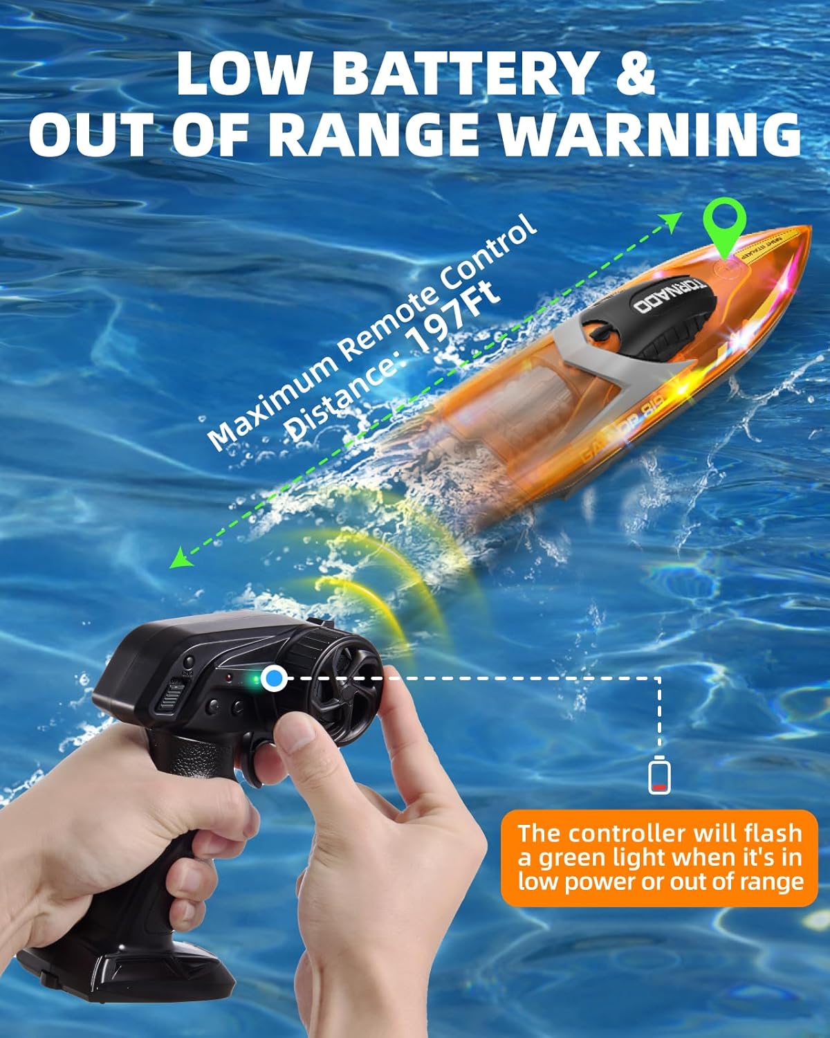 Gleamkid RC boat for kids navigating water, showing remote control and low battery warning indicator