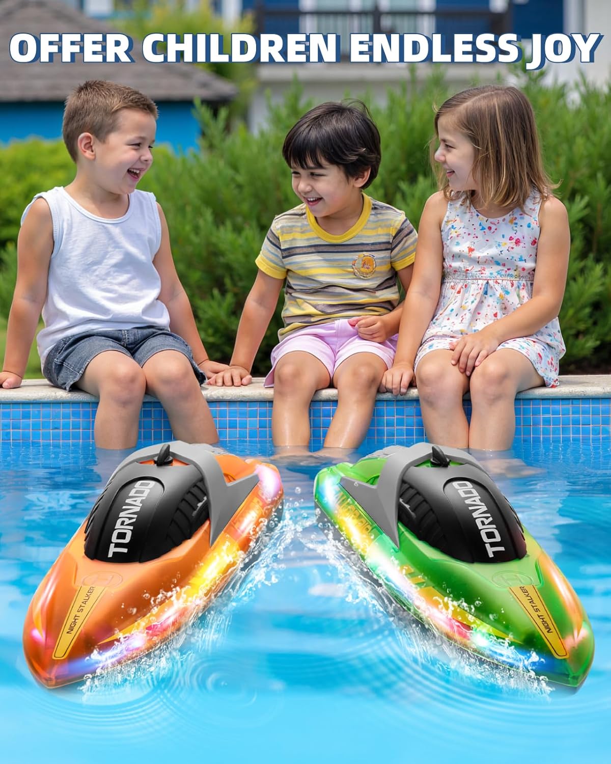 Gleamkid RC boat for kids gliding on water while children enjoy playtime in the pool