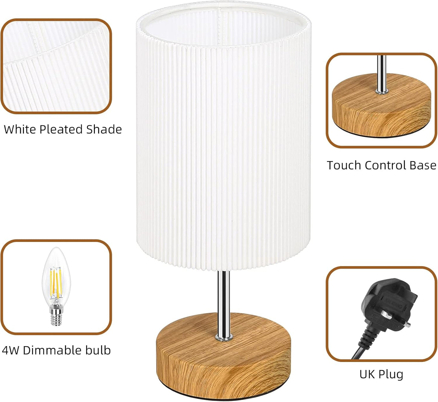 Aomeya touch control table lamp set with white pleated shade and wooden base, UK plug included