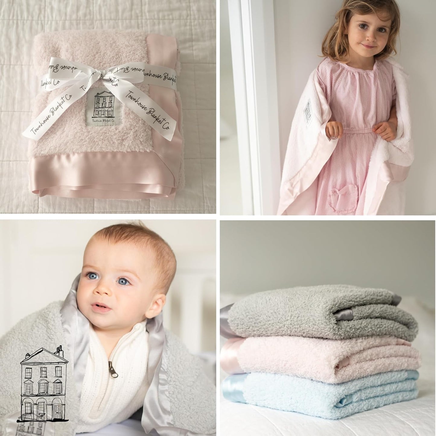 Townhouse Blanket Co blue baby chenille blanket wrapped in satin ribbon, perfect for nursery use