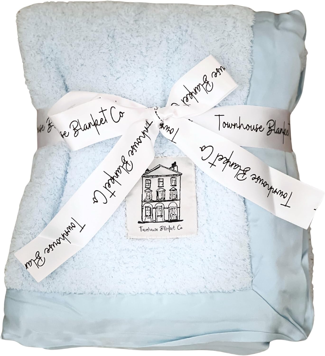 Soft blue baby chenille blanket by Townhouse Blanket Co, wrapped with a stylish ribbon