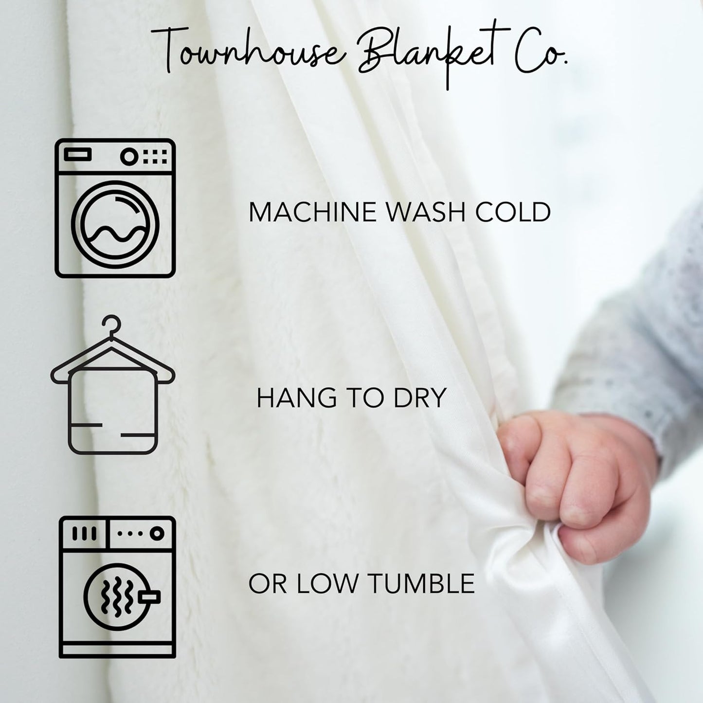 Care instructions for Townhouse Blanket Co blue baby chenille blanket showing washing and drying methods