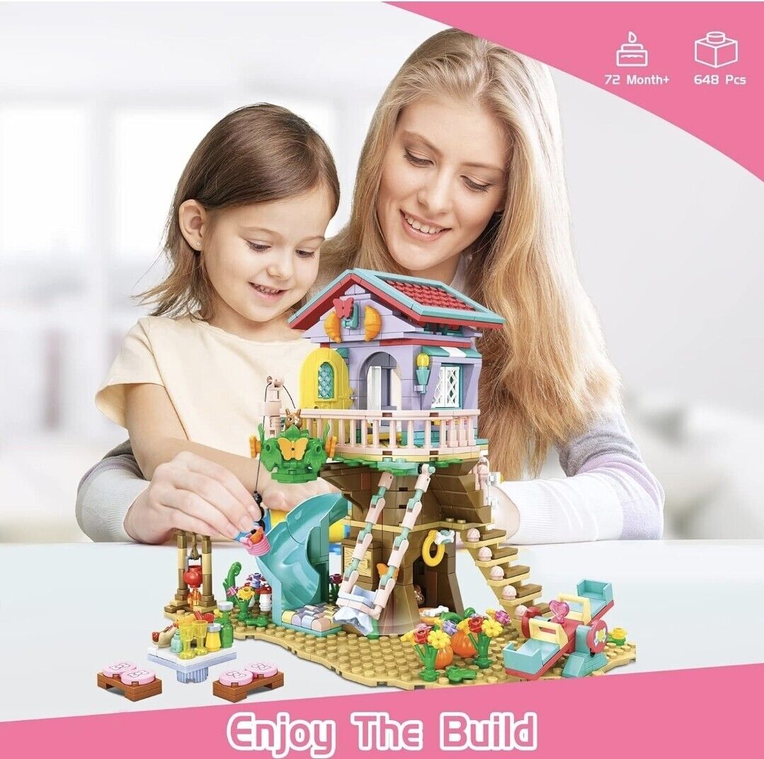 A mother and daughter assembling a colourful tree house building set for kids with 64 pieces