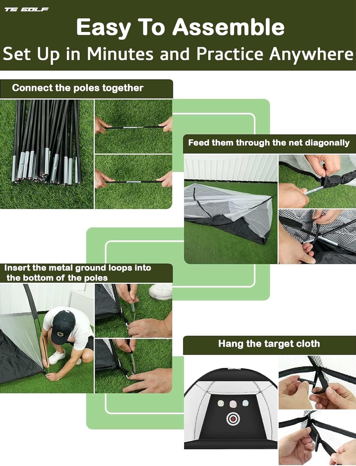 Step-by-step guide for TS Golf practice net assembly, ideal golf practice net for garden setup.