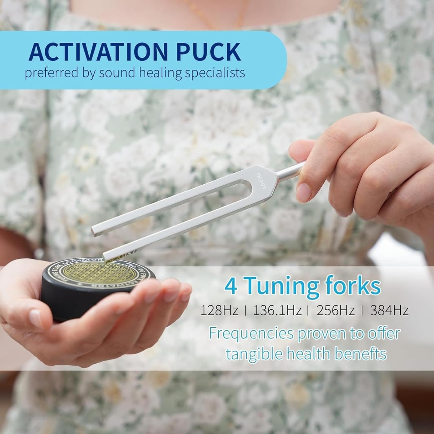 TIJUNIK activation puck with 4 tuning forks for healing offering 128Hz, 136.1Hz, 256Hz, and 384Hz frequencies