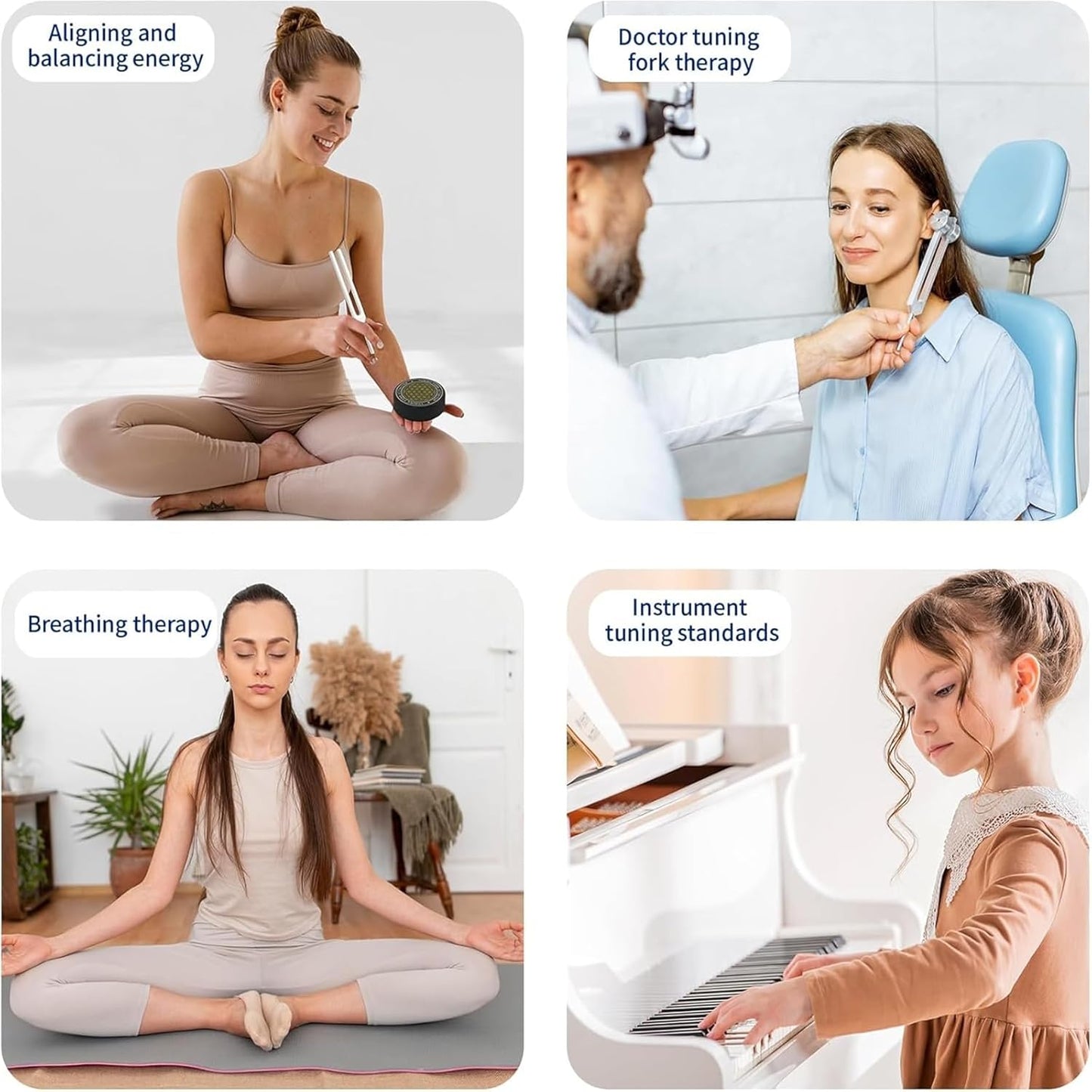 A collage of images featuring using tuning forks for healing in therapy and wellness practices
