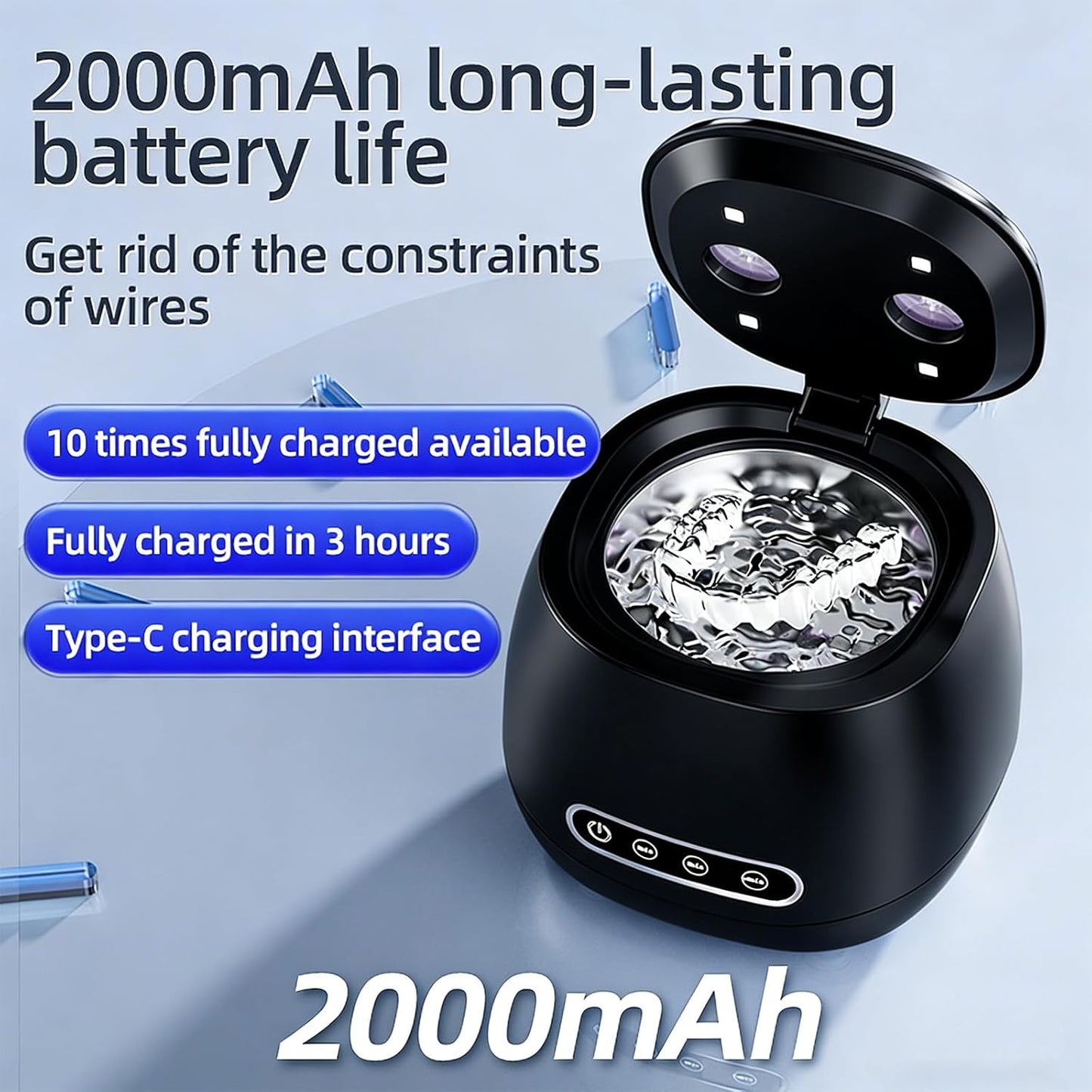 Ultrasonic cleaner with 2000mAh battery, fast charging and effective cleaning for homeware use