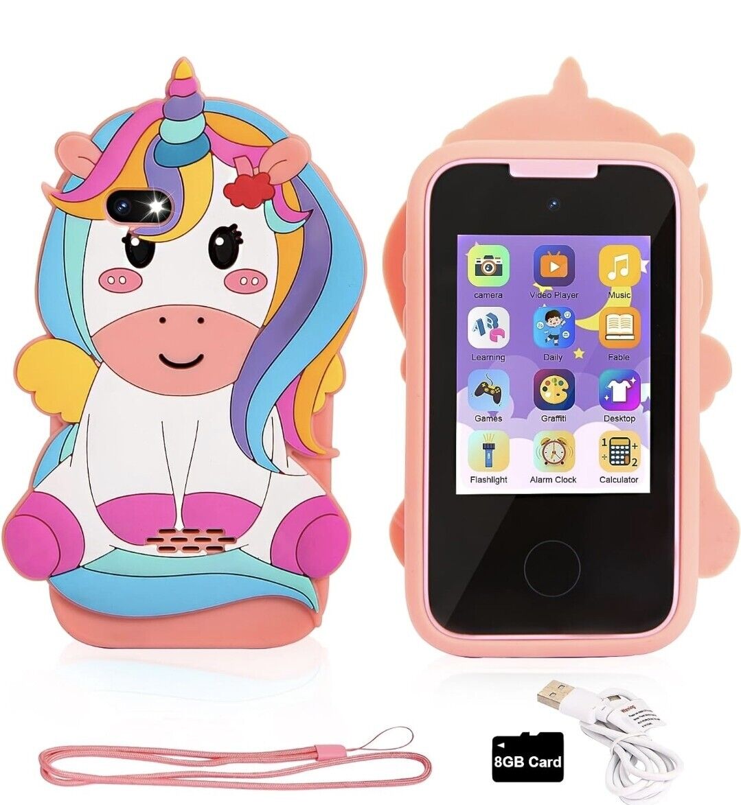 Colourful unicorn kids smart phone toy with interactive features and 8GB card