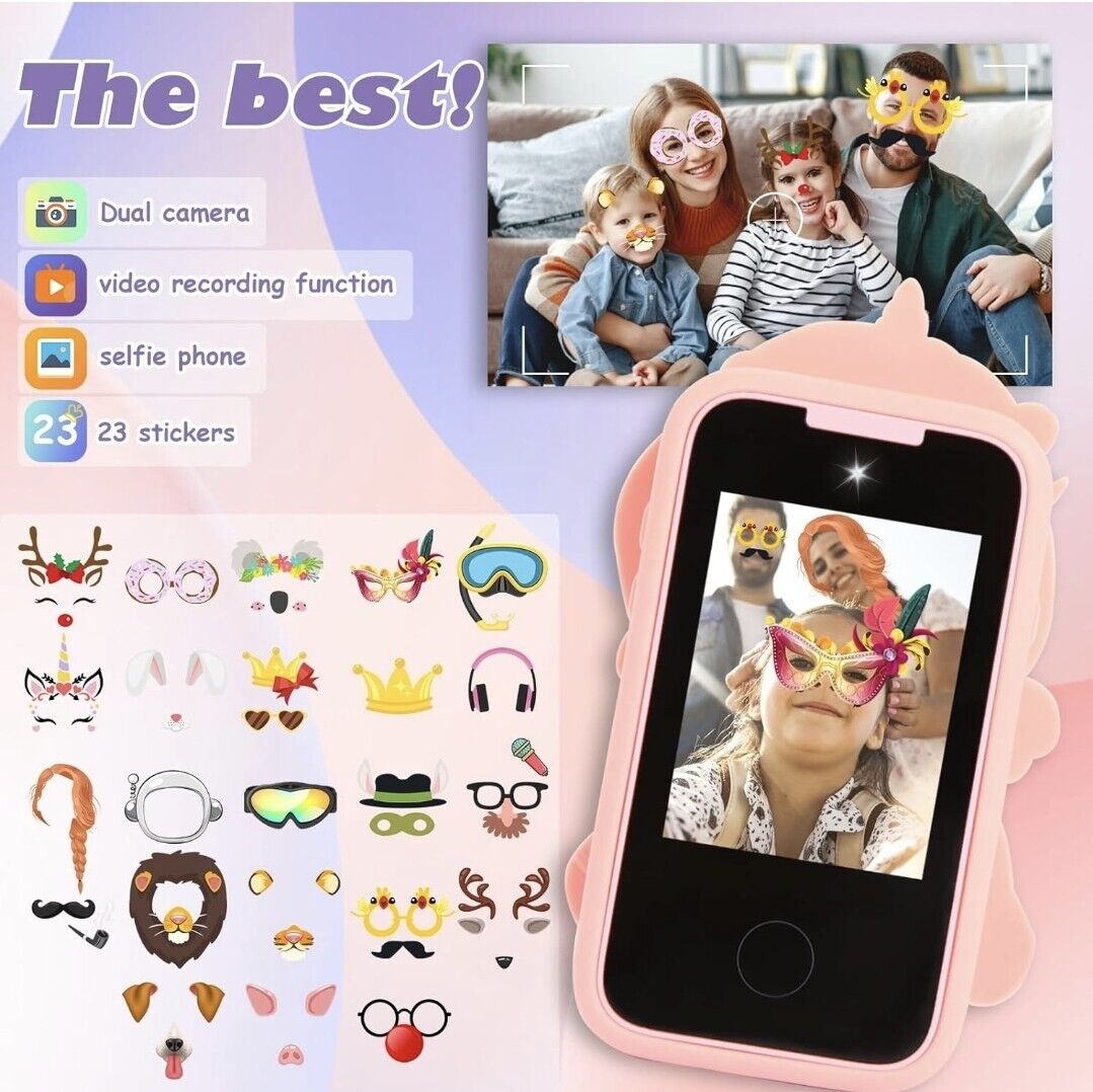 Kids smart phone toy with dual camera and video recording function featuring fun stickers for interactive play