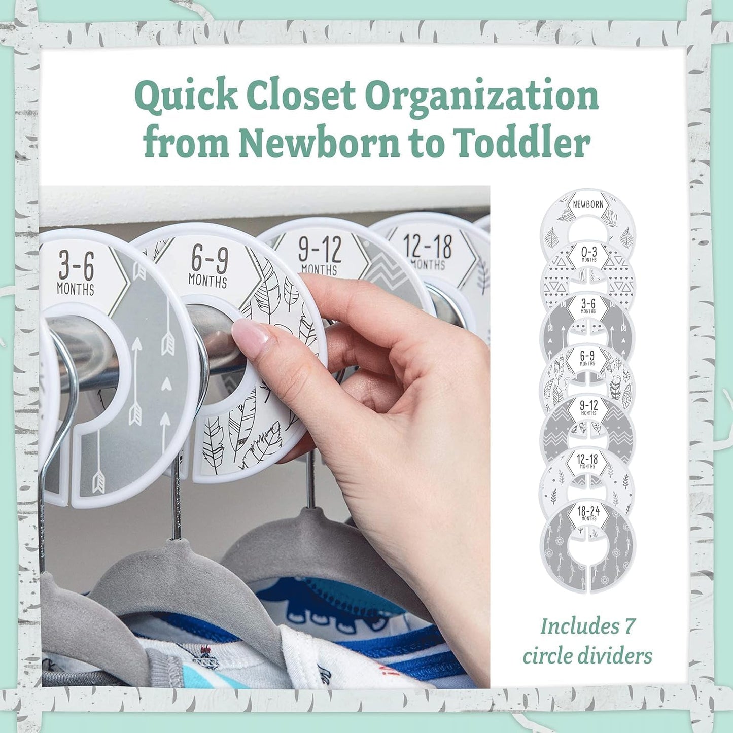 Unisex baby hangers set with circle dividers for easy closet organisation from newborn to toddler