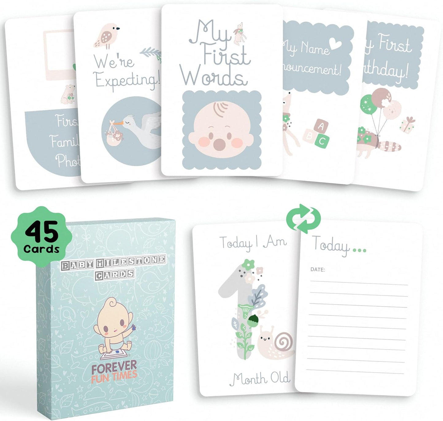 Unisex baby milestone cards set by Forever Fun Times featuring 45 cards for tracking key moments
