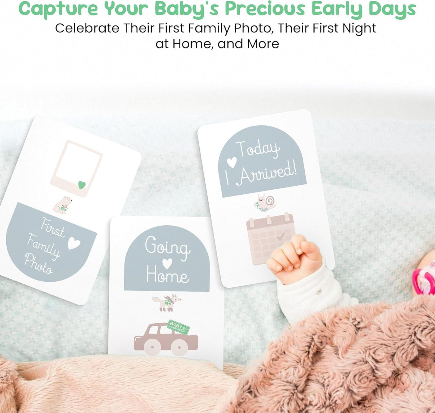 Unisex baby milestone cards for celebrating memorable moments like first family photo and going home
