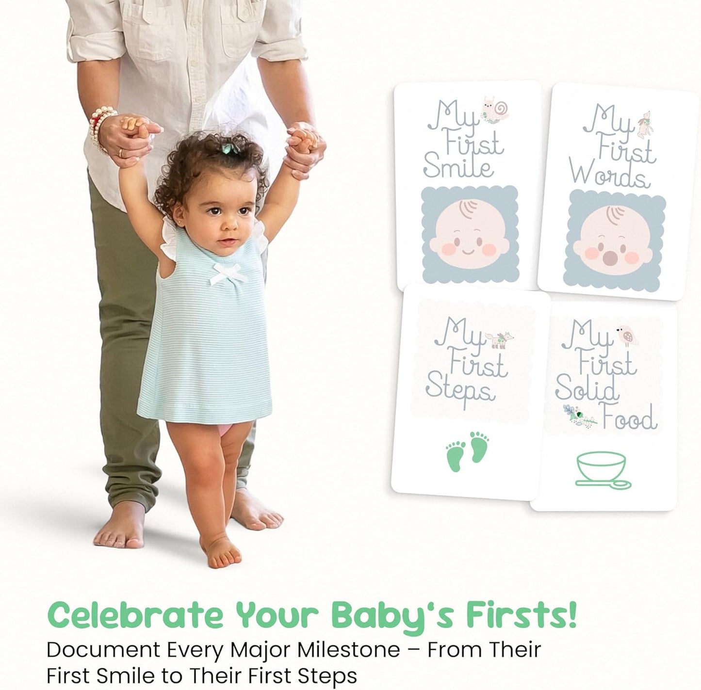 Unisex baby milestone cards to celebrate your baby's first smile, words, steps, and solid food