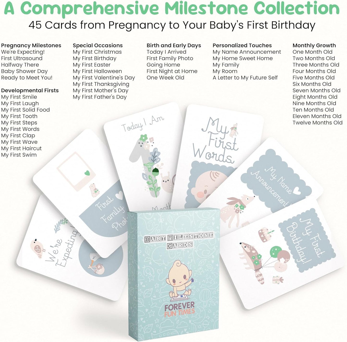 Forever Fun Times unisex baby milestone cards set with 45 cards for tracking baby growth and milestones