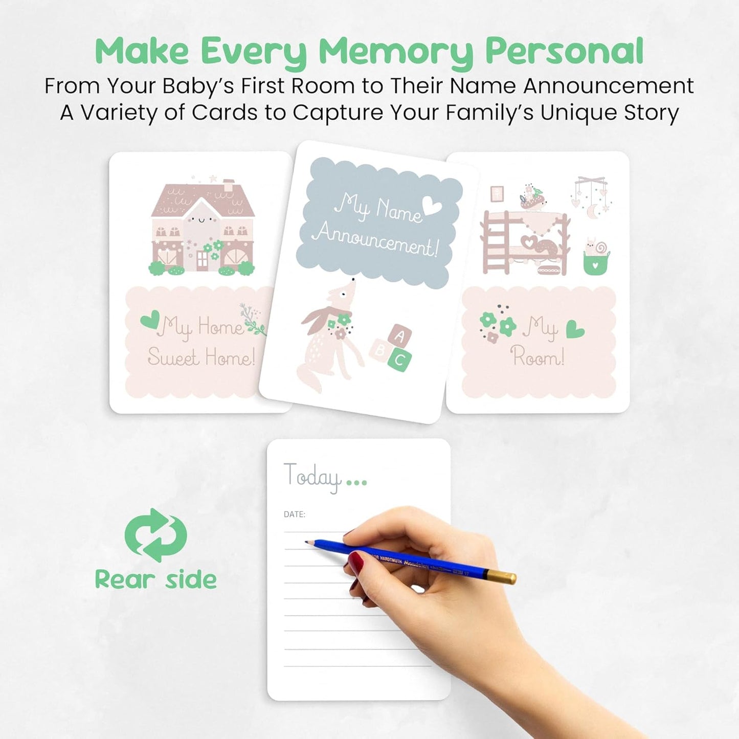 Unisex baby milestone cards featuring room announcements and personal details for memorable keepsakes