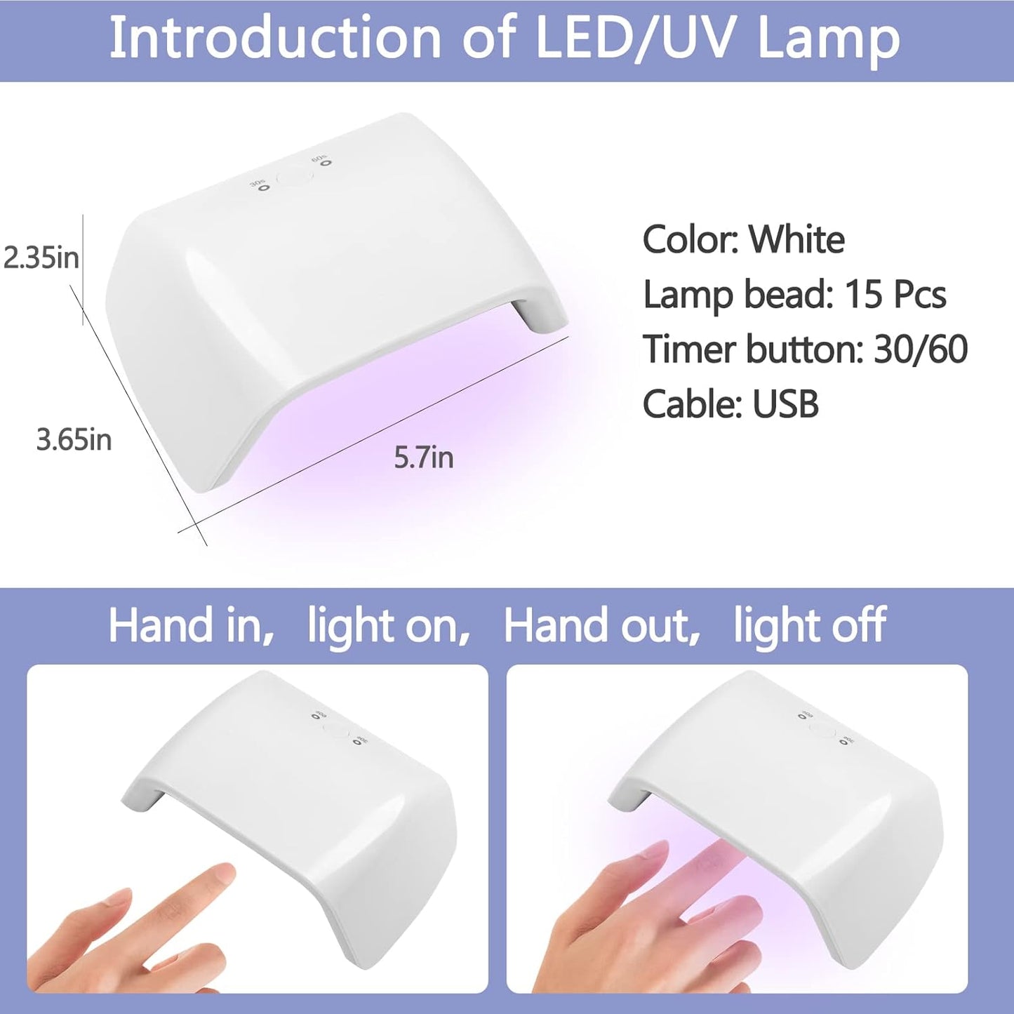 ANGNYA UV nail lamp for gel nails in white with 15 lamp beads and USB cable for easy use