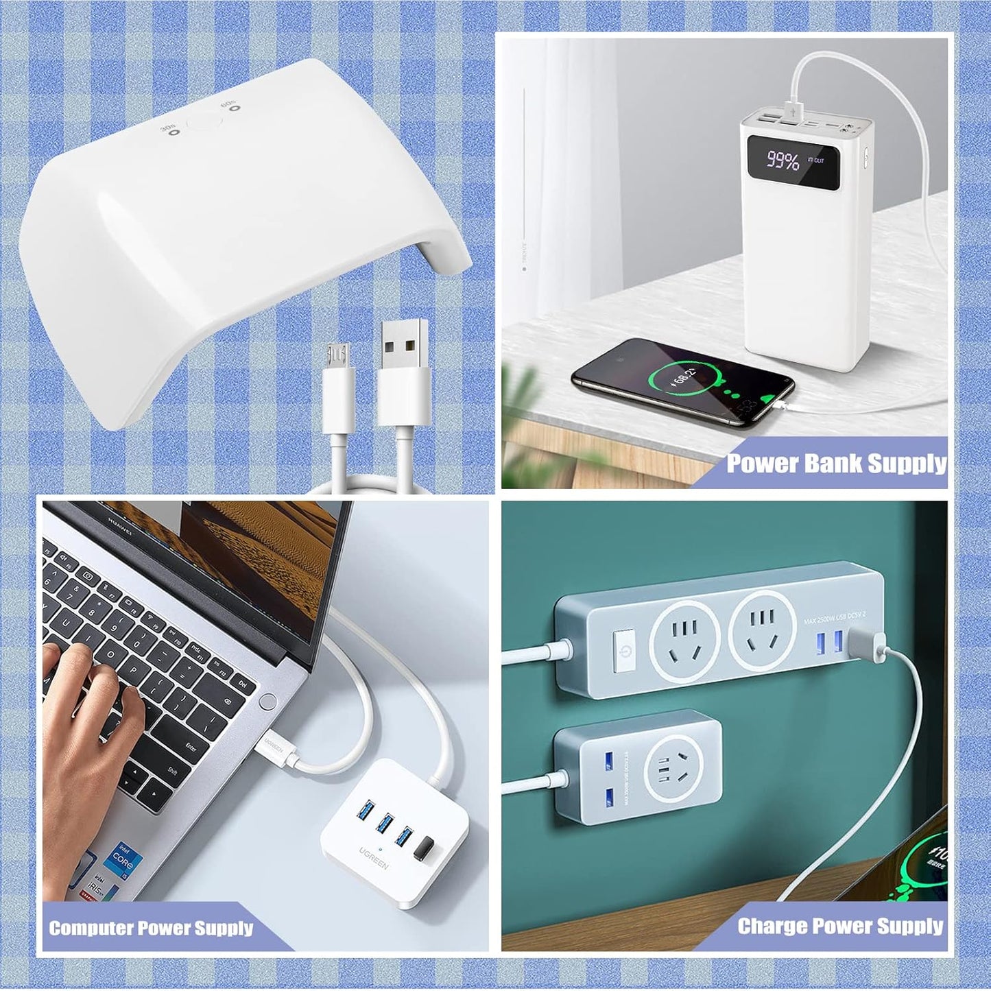ANGNYA UV nail lamp for gel nails with multiple power supply options including USB and power bank