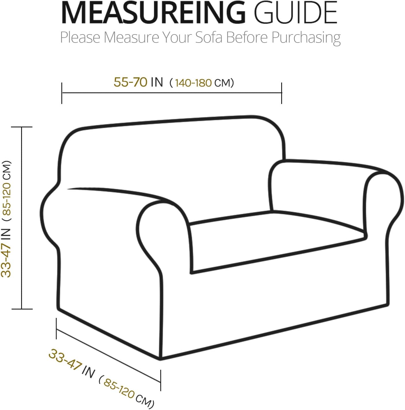 Measuring guide for velvet loveseat cover chocolate with dimensions for accurate fitting