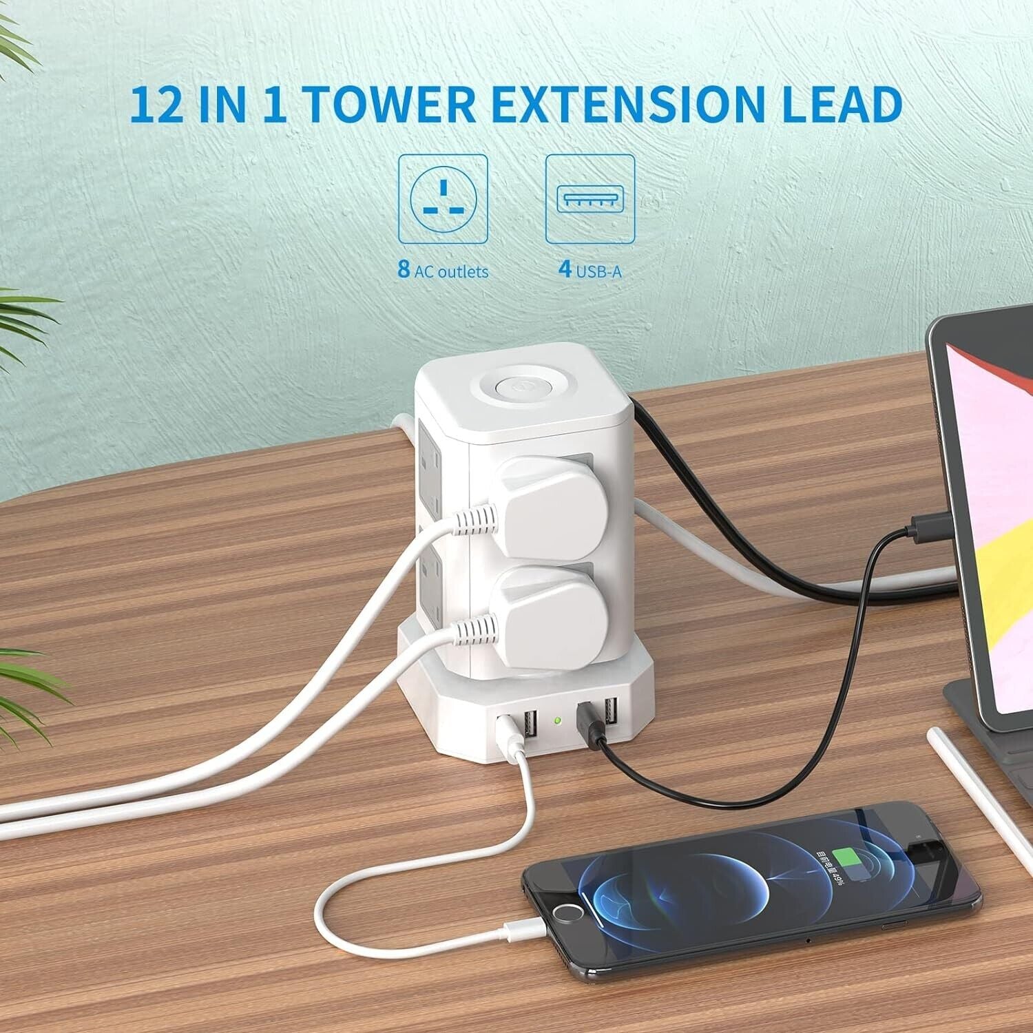 12 in 1 tower extension lead with 8 AC outlets and 4 USB-A ports powering devices on wooden desk