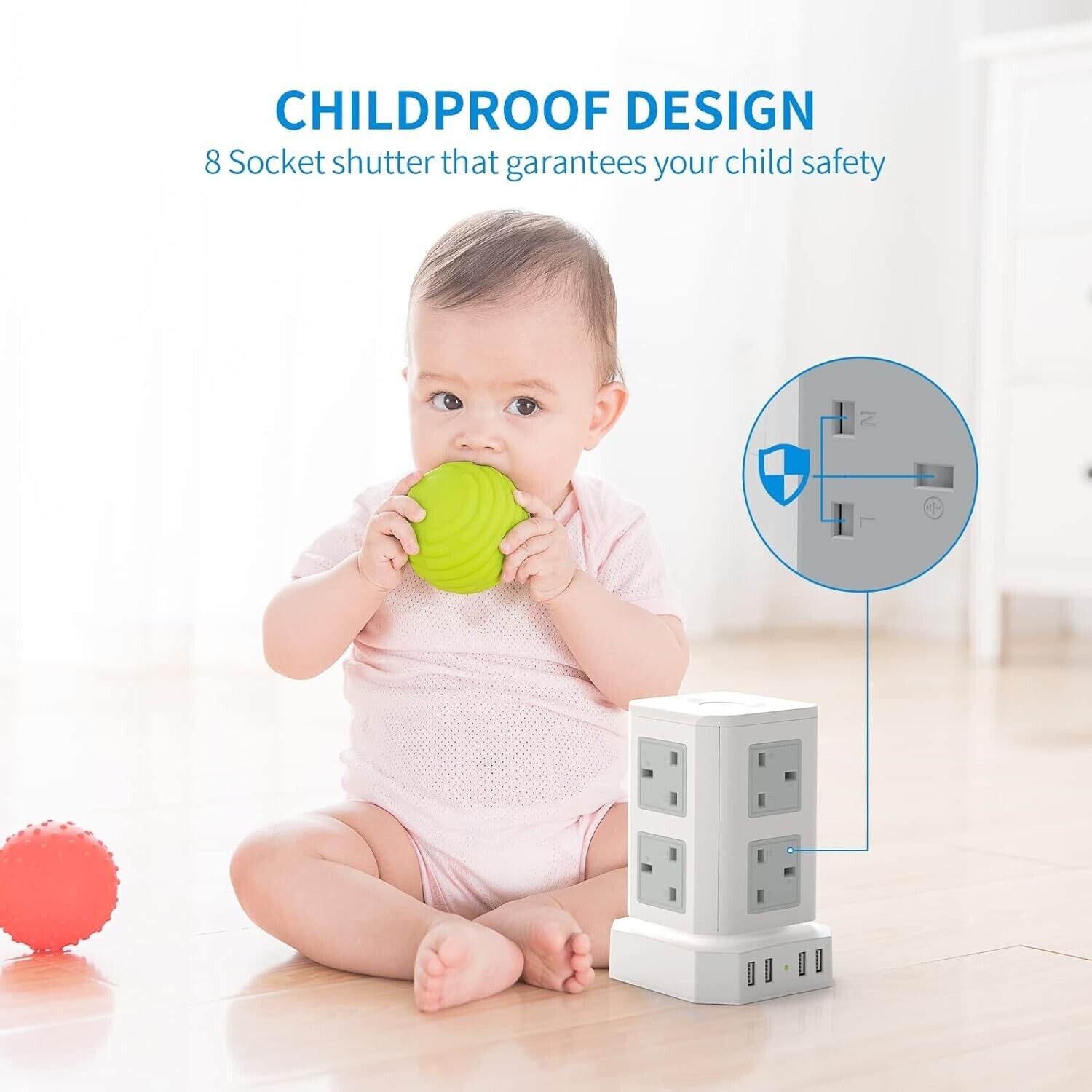 Childproof power strip tower with eight safety sockets and USB ports near baby chewing toy